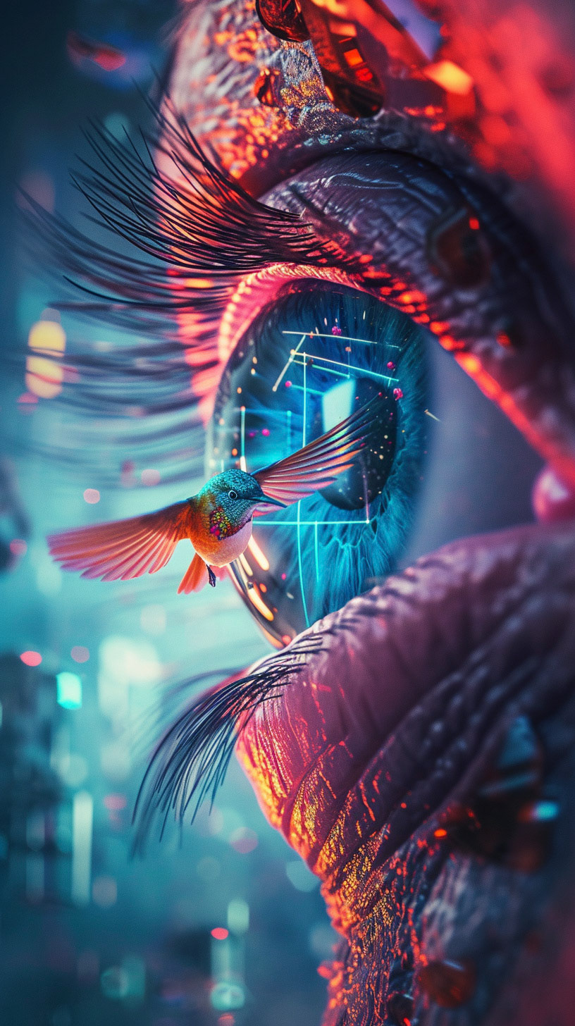 A geodesic structure in the shape of a human eye, with a bird taking flight from the pupil. The scene is vibrant and dynamic, with a touch of the extraordinary. Rendered in a vivid, imaginative style. --ar 9:16 --v 6- Midjourney