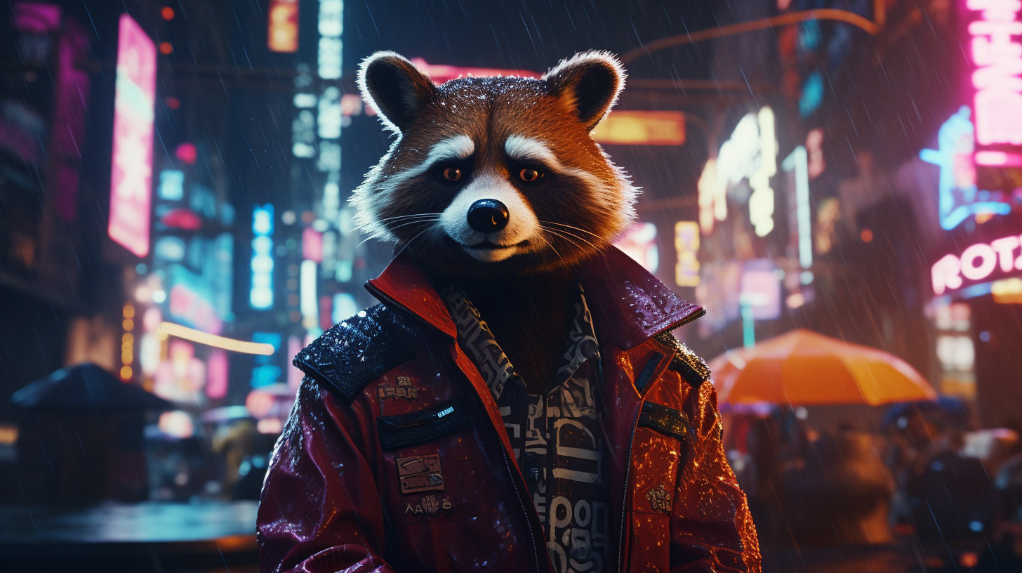 A red panda dressed as a detective, wandering the neon-lit streets of a futuristic city. The scene blends elements of noir with cyberpunk aesthetics, featuring reflective rain-soaked pavements and towering holograms. Created Using: neon glow, cyberpunk cityscape, noir-inspired detective attire, reflective surfaces, nighttime ambiance, vibrant color contrasts, dynamic urban environment, playful character in a serious setting --ar 16:9Midjourney