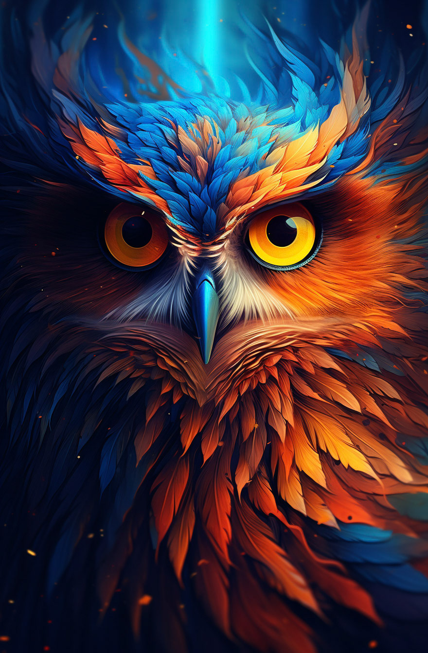 blue, orange and red abstract illustration of an owl that has a large open eye, in the style of caras ionut, speedpainting, 2d game art, oleg shuplyak, realistic lighting, liam wong, 32k uhd - Midjourney