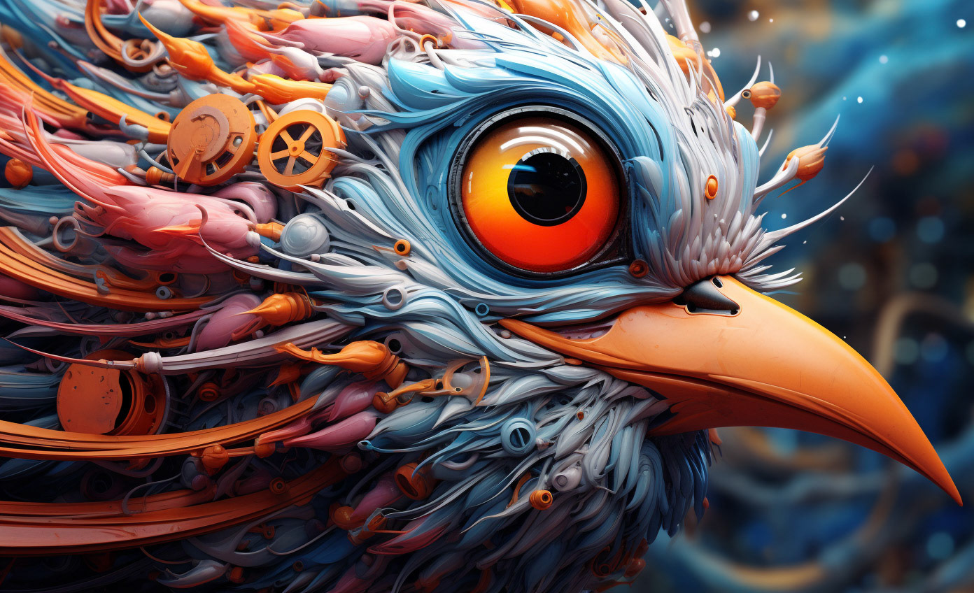 a beautiful abstract artwork, a bird and an eye, in the style of rendered in cinema4d, dreamlike portraiture, aleksi briclot, orange and aquamarine, uhd image, eye-catching detail, whimsical and fantastical elements --ar 28:17 Job ID: b678059c-6cfb-4b2e-8392-e0cee48d180f