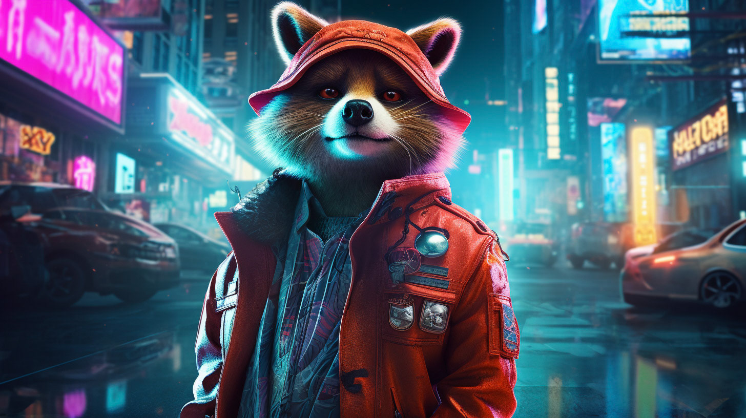 A red panda dressed as a detective, wandering the neon-lit streets of a futuristic city. The scene blends elements of noir with cyberpunk aesthetics, featuring reflective rain-soaked pavements and towering holograms. Created Using: neon glow, cyberpunk cityscape, noir-inspired detective attire, reflective surfaces, nighttime ambiance, vibrant color contrasts, dynamic urban environment, playful character in a serious setting --ar 16:9Midjourney