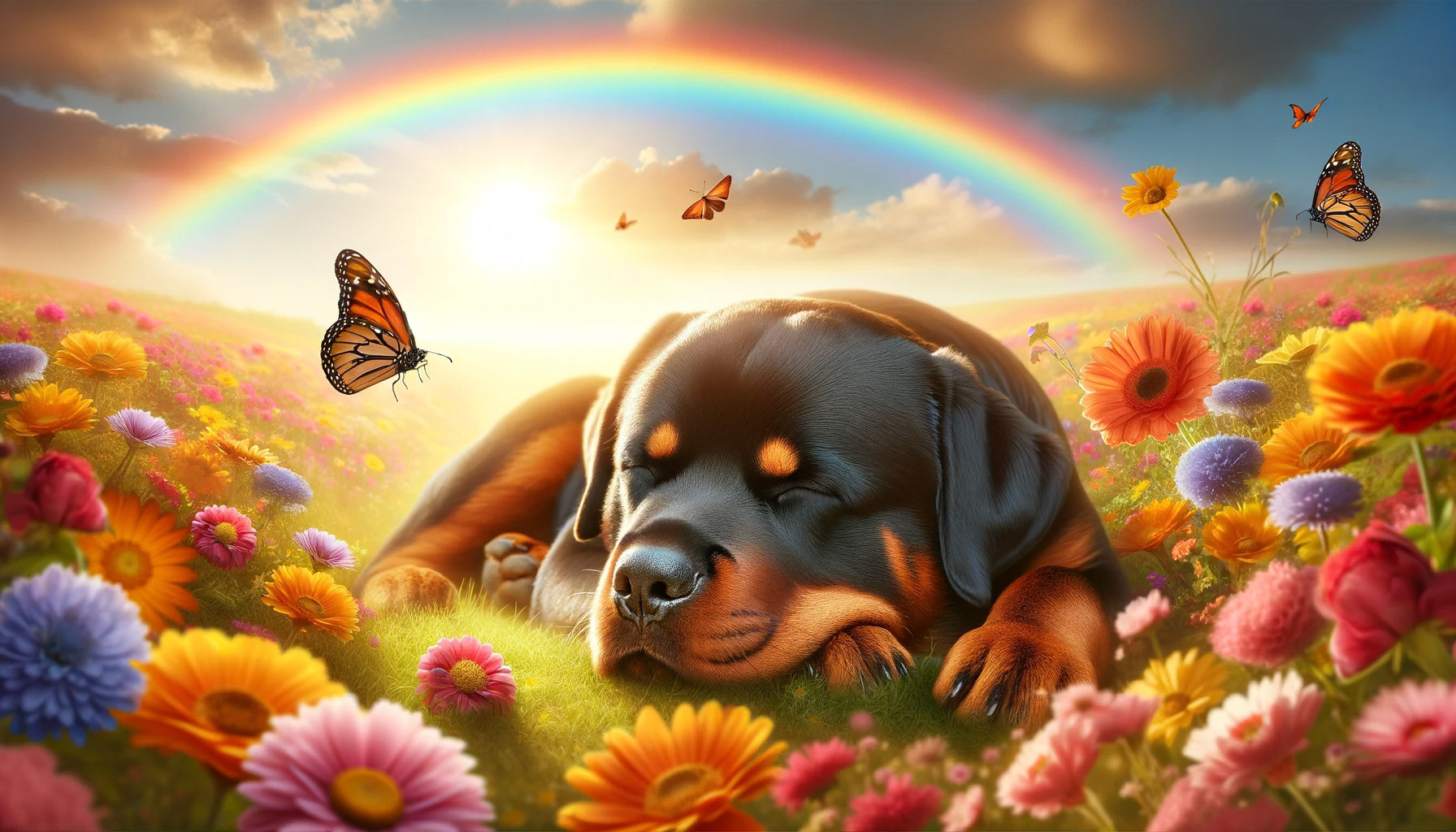 a single rottweiler is lying in flowers while the sunshine is shining on his body, the dog sleeps and has closed eyes, colorful flowers, sunshine