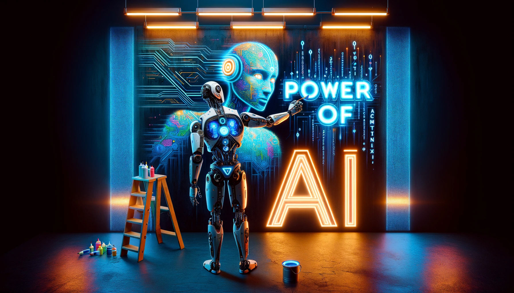 "Create a scene with a robot painting the words 'Power of AI' on a wall, showcasing a cyber-matrix style. The robot is designed with futuristic, cybernetic elements, featuring neon lights and digital patterns. The scene is illuminated with neon colors and digital motifs, creating a high-tech, cyberpunk atmosphere. The robot paints the words in a bold, digital font, glowing with neon lights. The background is dark with hints of neon and digital elements, emphasizing the cyber-matrix theme. The words 'Power of AI' are clearly and correctly spelled, illuminated in a striking cybernetic style on the wall."