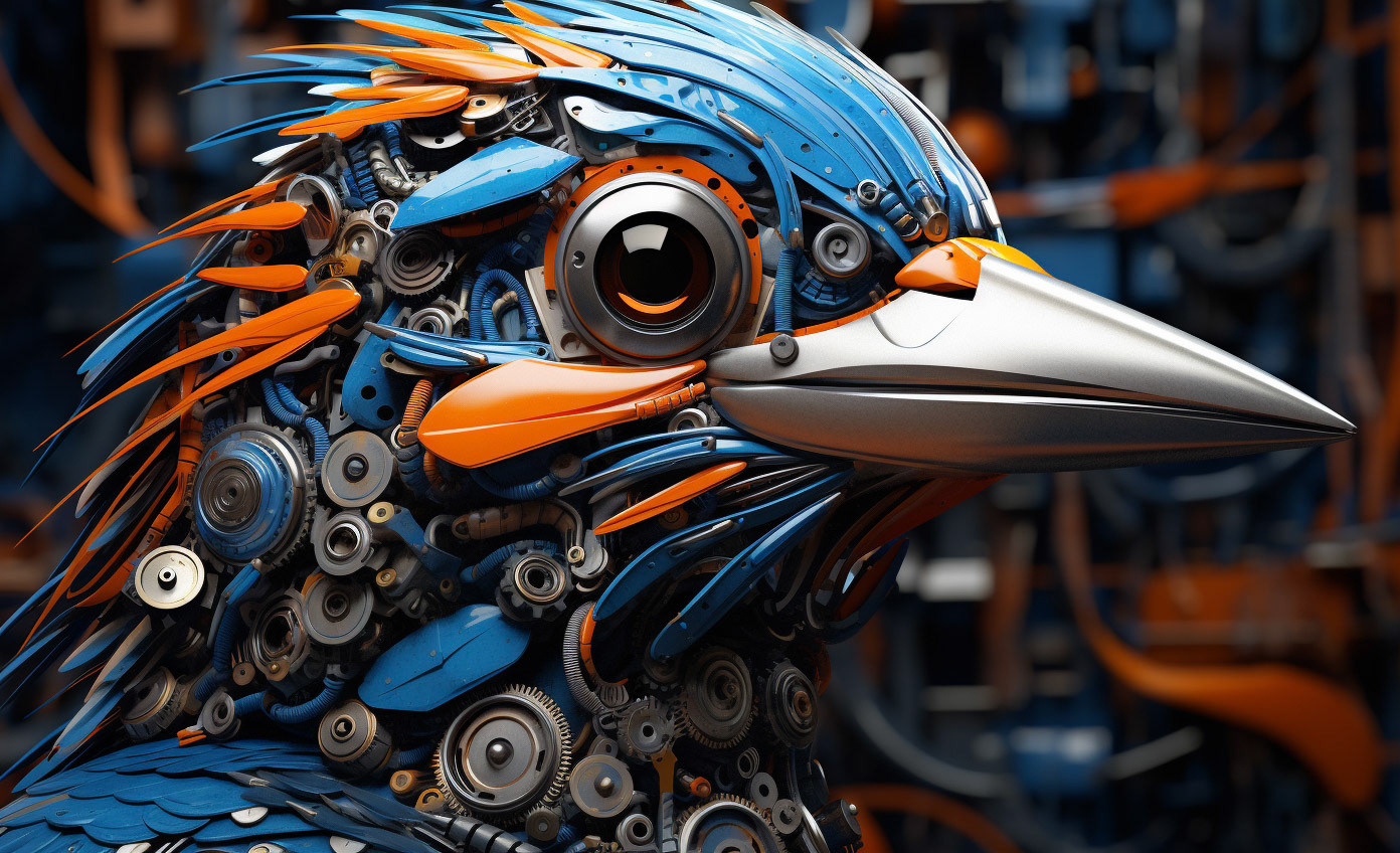 an abstract portrait of a bird in blue and orange paint, in the style of intricate steampunk, vray tracing, detailed hyperrealism, futuristic robots, uhd image, serge marshennikov, detailed realism --ar 64:39- Midjourney