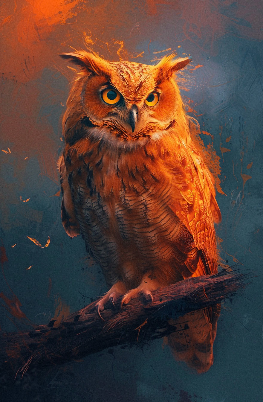a digital art of an owl, in the style of energy-filled illustrations, uhd image, dark sky-blue and dark orange, edgy street art, explosive wildlife, hauntingly beautiful illustrations, vray --ar 21:32- Midjourney