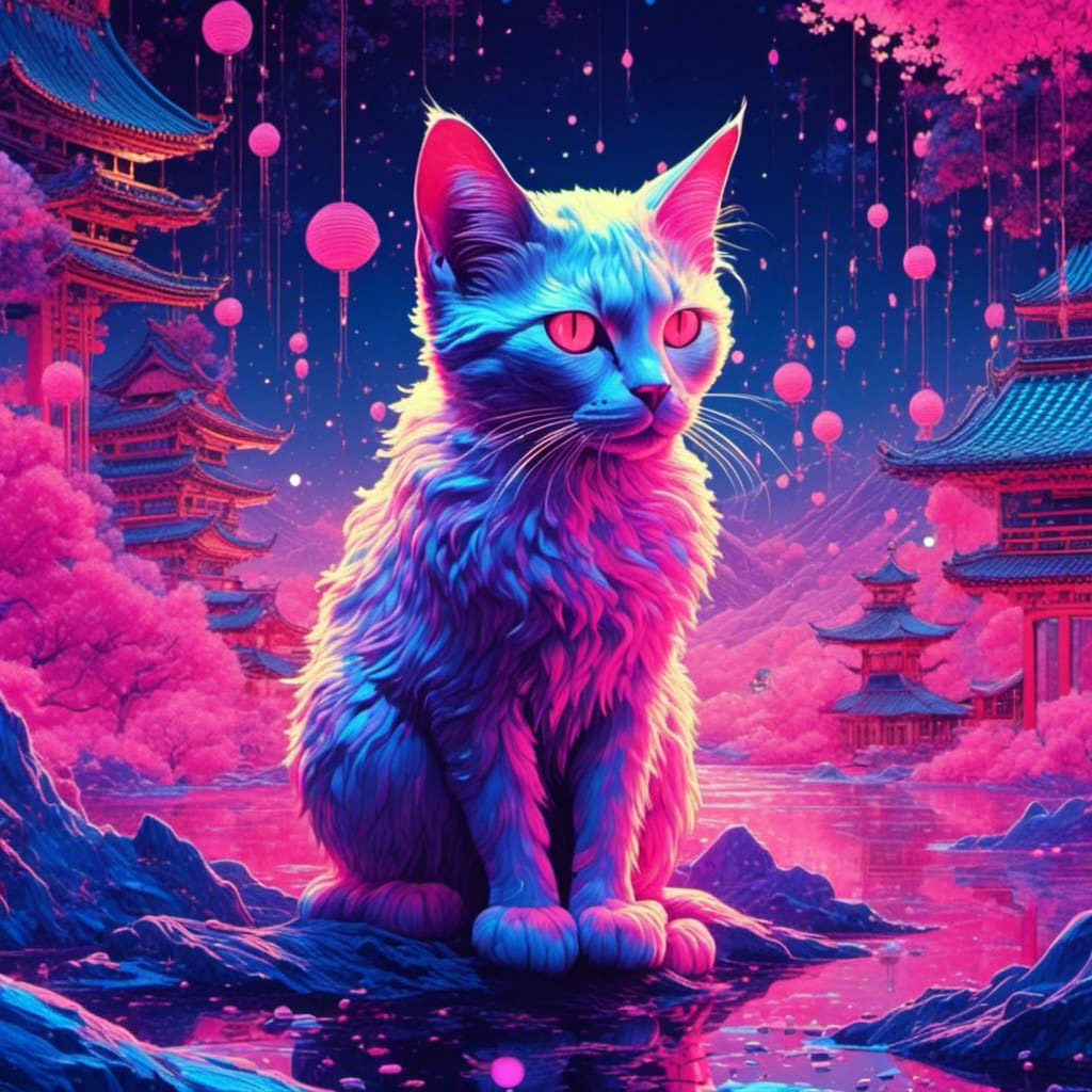 "A majestic cat with neon blue fur, standing tall in a mystical landscape with a predominant pink mood. The surreal style, inspired by ukiyo-e prints and modern anime, features vibrant pink tones in the environment, with floating elements and ethereal plants."