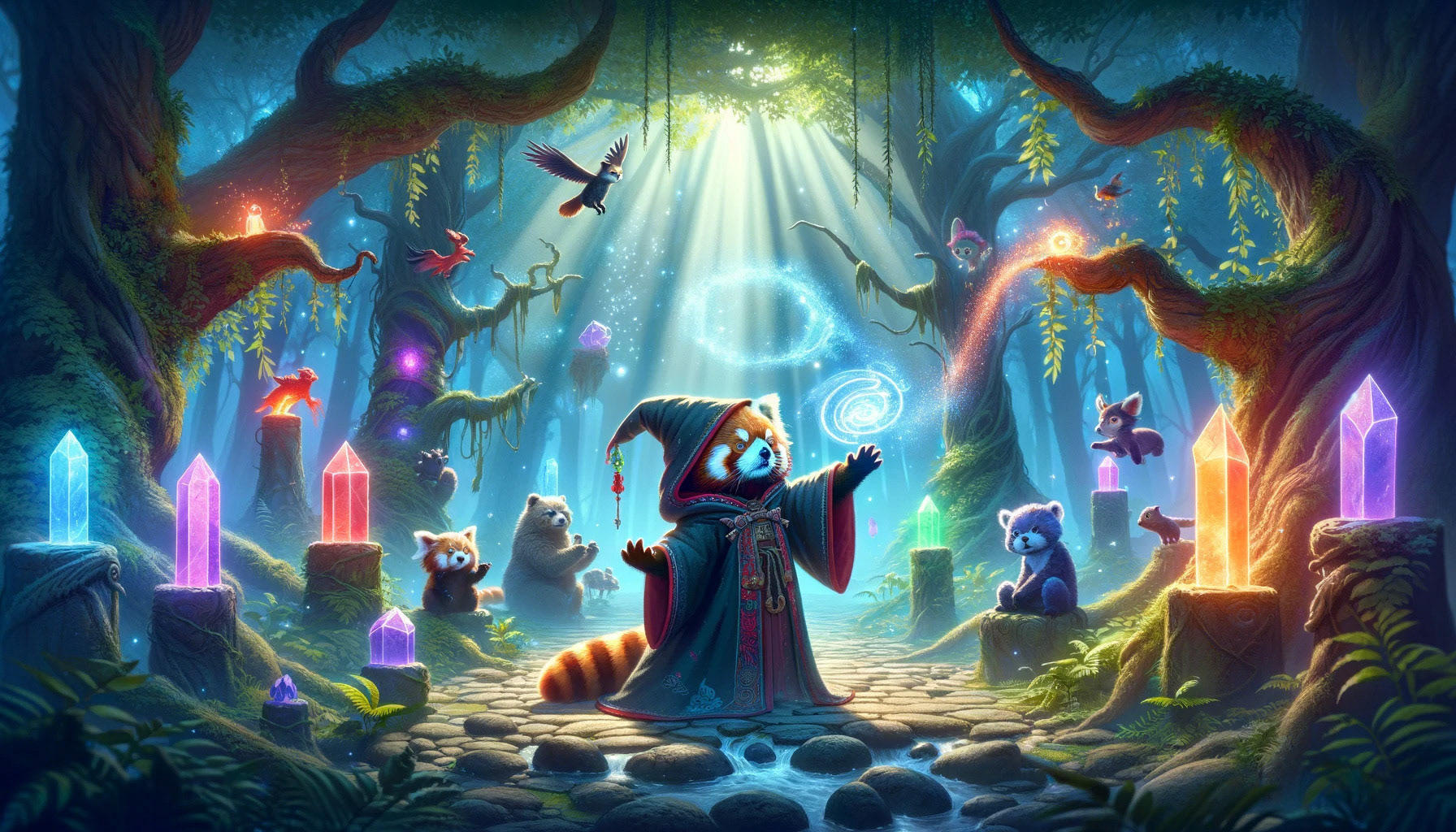A red panda in a wizard's cloak casting spells in an enchanted forest, surrounded by magical creatures. The scene is illuminated by the mystical light of the spells, with ancient trees and floating crystals. Created Using: magical light effects, enchanted forest setting, whimsical magical creatures, detailed wizard cloak, vibrant spell colors, ancient tree textures, floating crystals, mystical and adventurous atmosphere -Dall-E