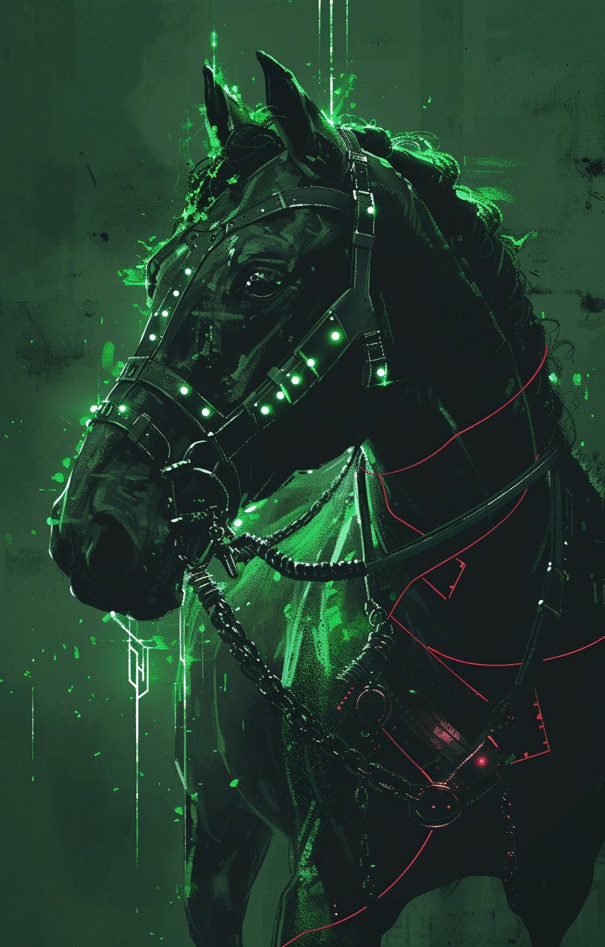 horse portrait wallpaper free download, hd photo photohippo, in the style of cyberpunk futurism, dark green and crimson, necronomicon illustrations, historical genre scenes, cross processing, hyper-detailed illustrations, tenebrism-inspired --chaos 6 --ar 41:64 --v 6 - Midjourney