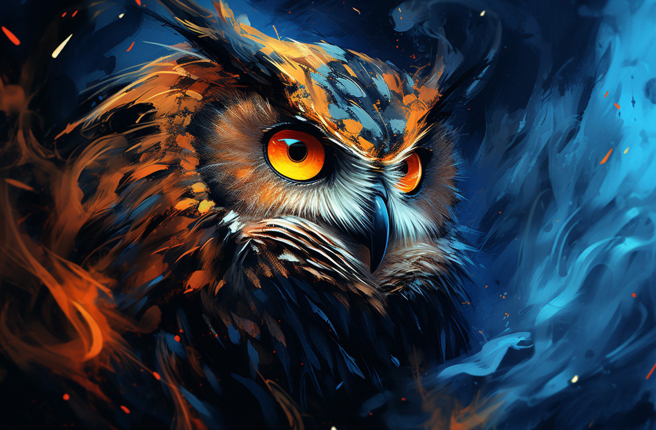 an image of an owl in a dark background, in the style of speedpainting, dark orange and dark blue, energy-filled illustrations, rusty debris, photorealistic eye, lively illustrations, bold graphic illustrations --ar 32:21- Midjourney