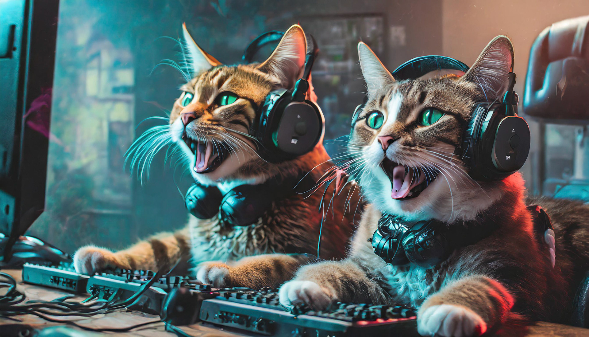 "cats playing a multiplayer game. They are laughing maniacally, wearing oversized gaming headsets, and one cat lens back with a big grin while playfully pressing button."