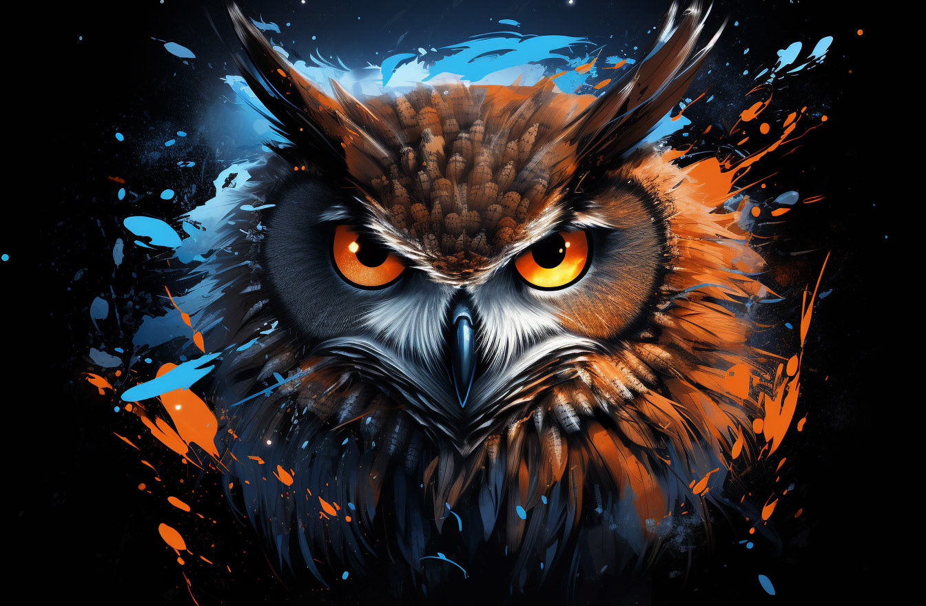 a digital art of an owl, in the style of energy-filled illustrations, uhd image, dark sky-blue and dark orange, edgy street art, explosive wildlife, hauntingly beautiful illustrations, vray --ar 32:21- Midjourney