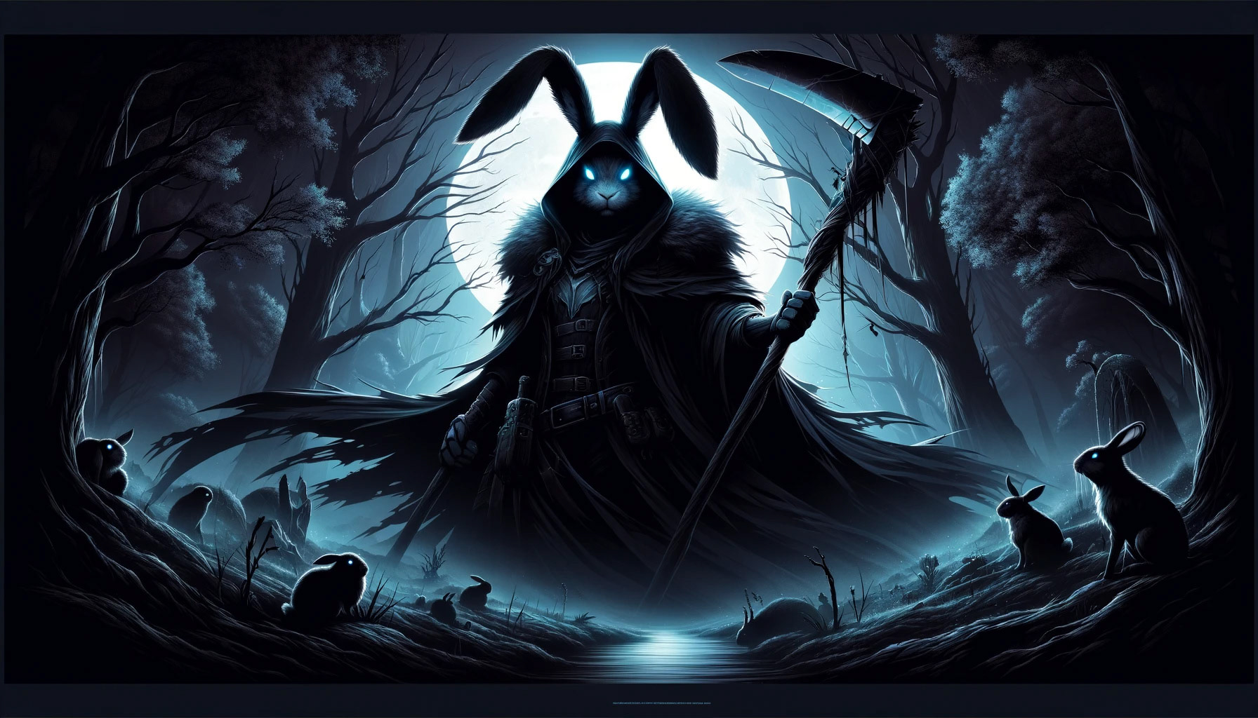 "A dark fantasy illustration of Thlayli the Rabbit Reaper, a brave rabbit with a large, imposing figure and a determined expression, in a moonlit, eerie forest with deep shadows and a ghostly atmosphere."