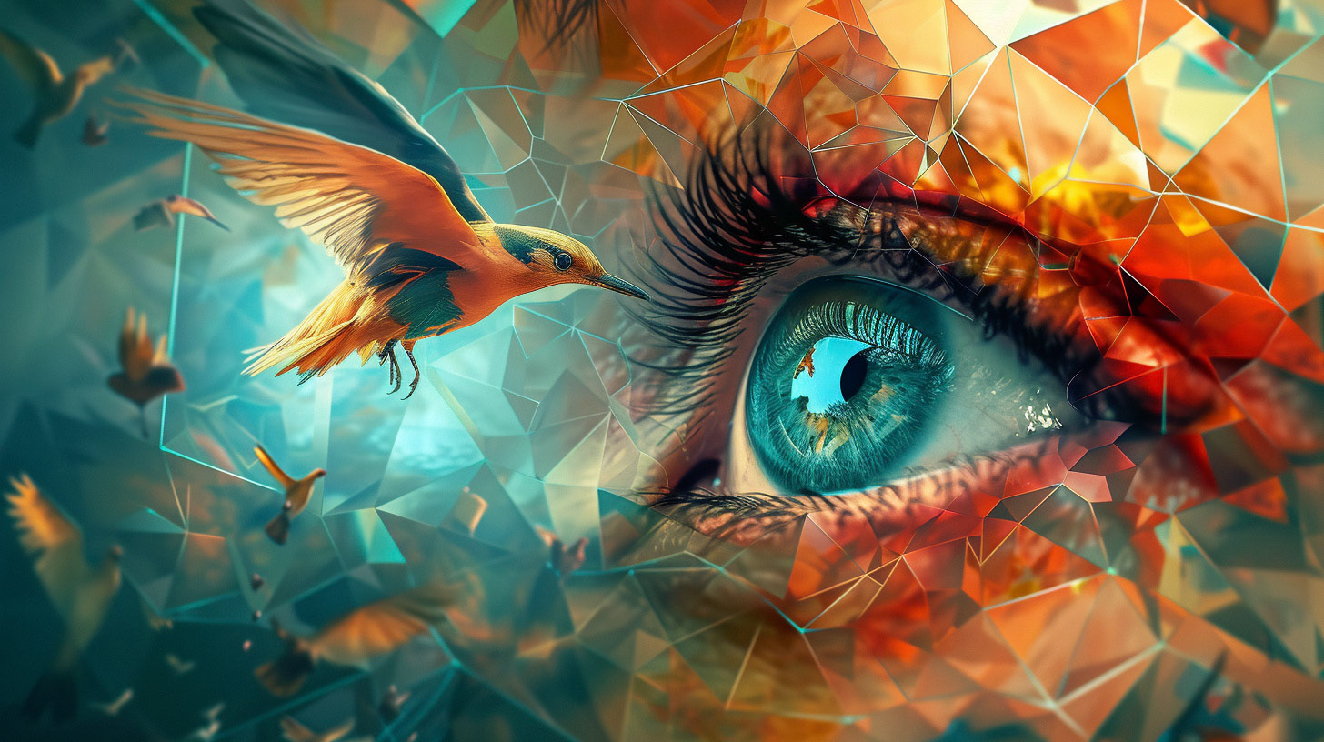 A geodesic structure in the shape of a human eye, with a bird taking flight from the pupil. The scene is vibrant and dynamic, with a touch of the extraordinary. Rendered in a vivid, imaginative style. --ar 16:9 --v 6 - Midjourney