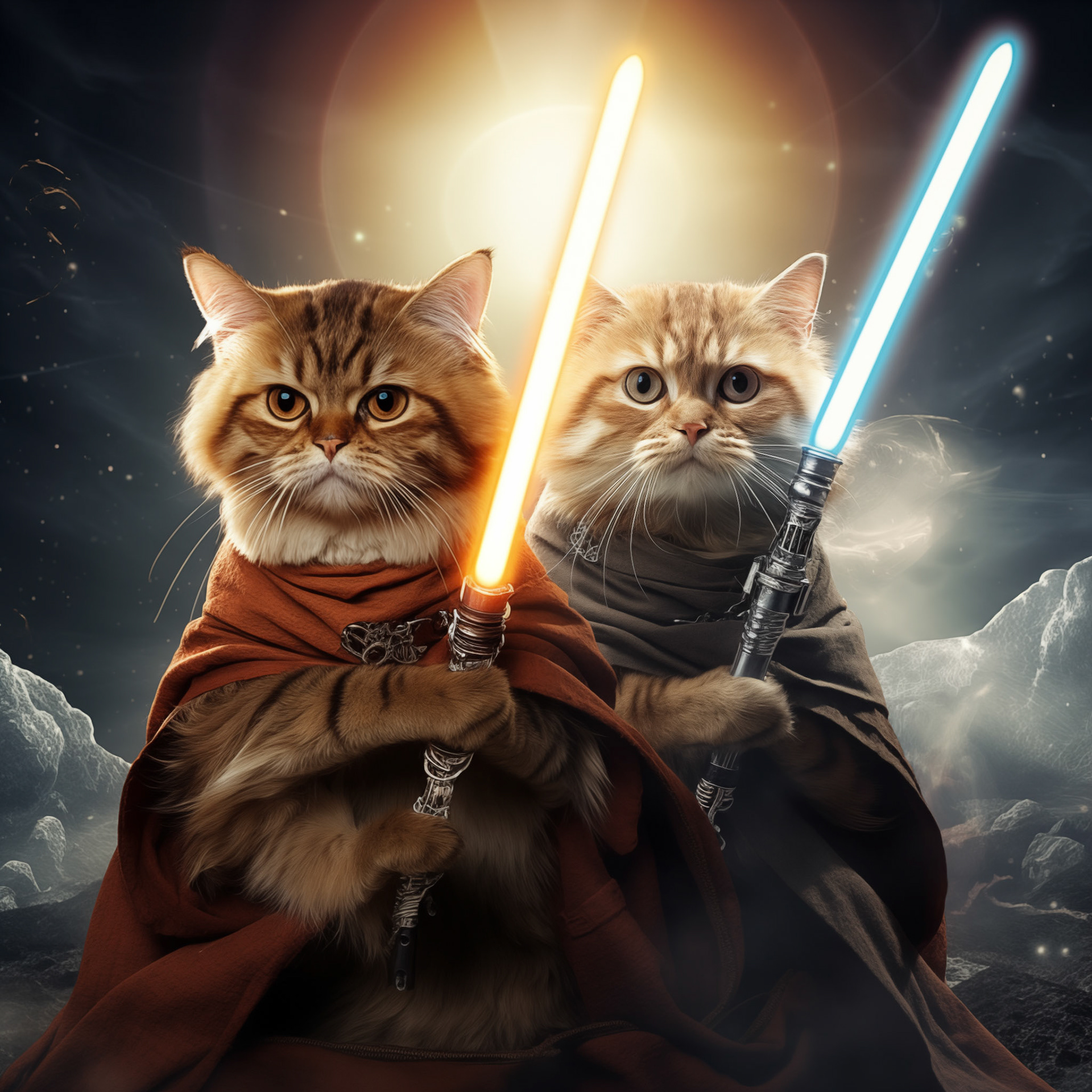 star wars cats style, jedi cats, holding orange light sword, space backgrund with nebula, highly detailed curling swirls, glowing colours with typography text "may the meow with you", typography, 3d render,
