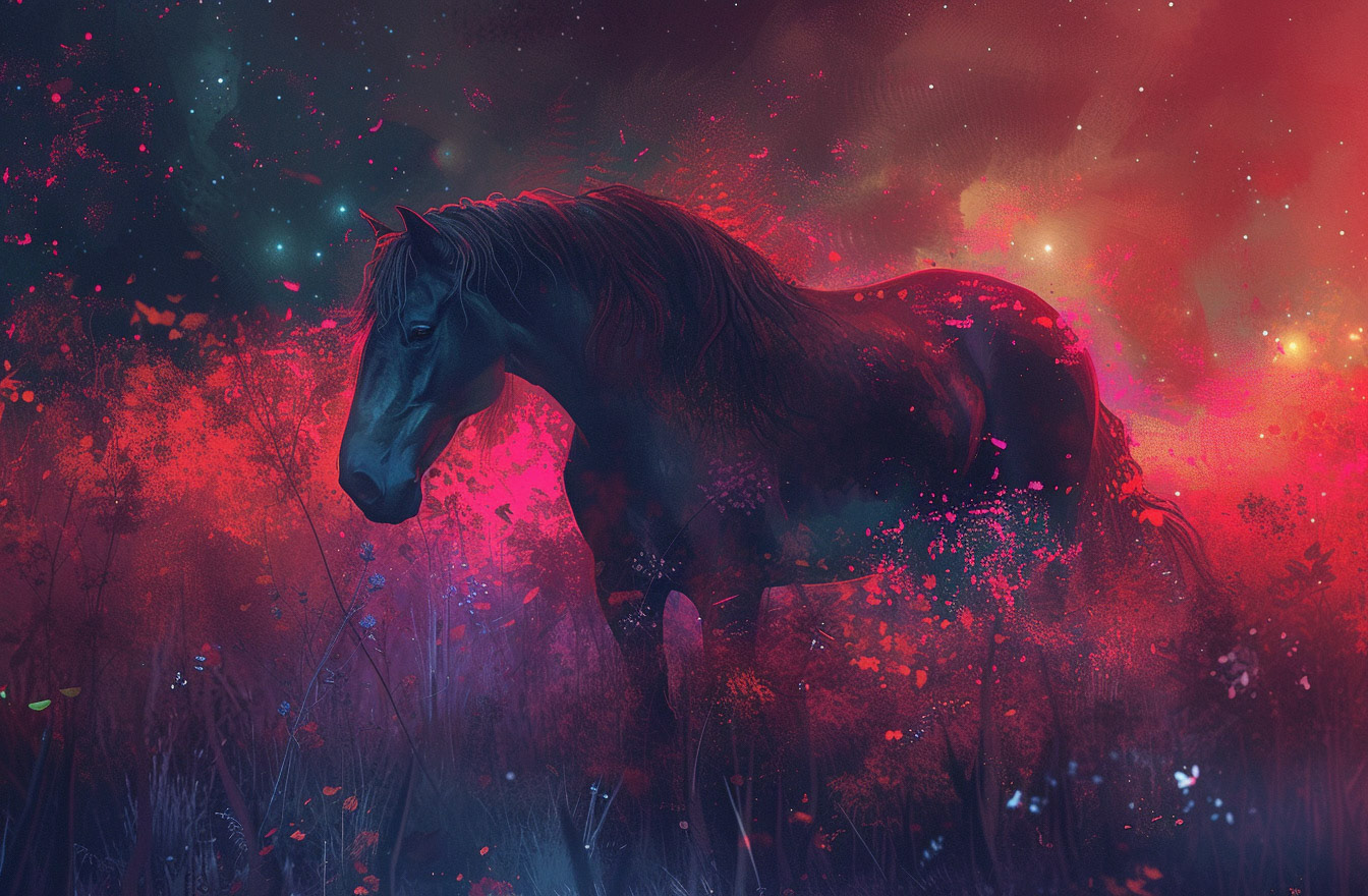 a dark horse in a field full of stars, in the style of futuristic chromatic waves, red and crimson, witchcore, graffiti-inspired animals, dragoncore, glowing colors, caninecore --ar 32:21 --v 6- Midjourney