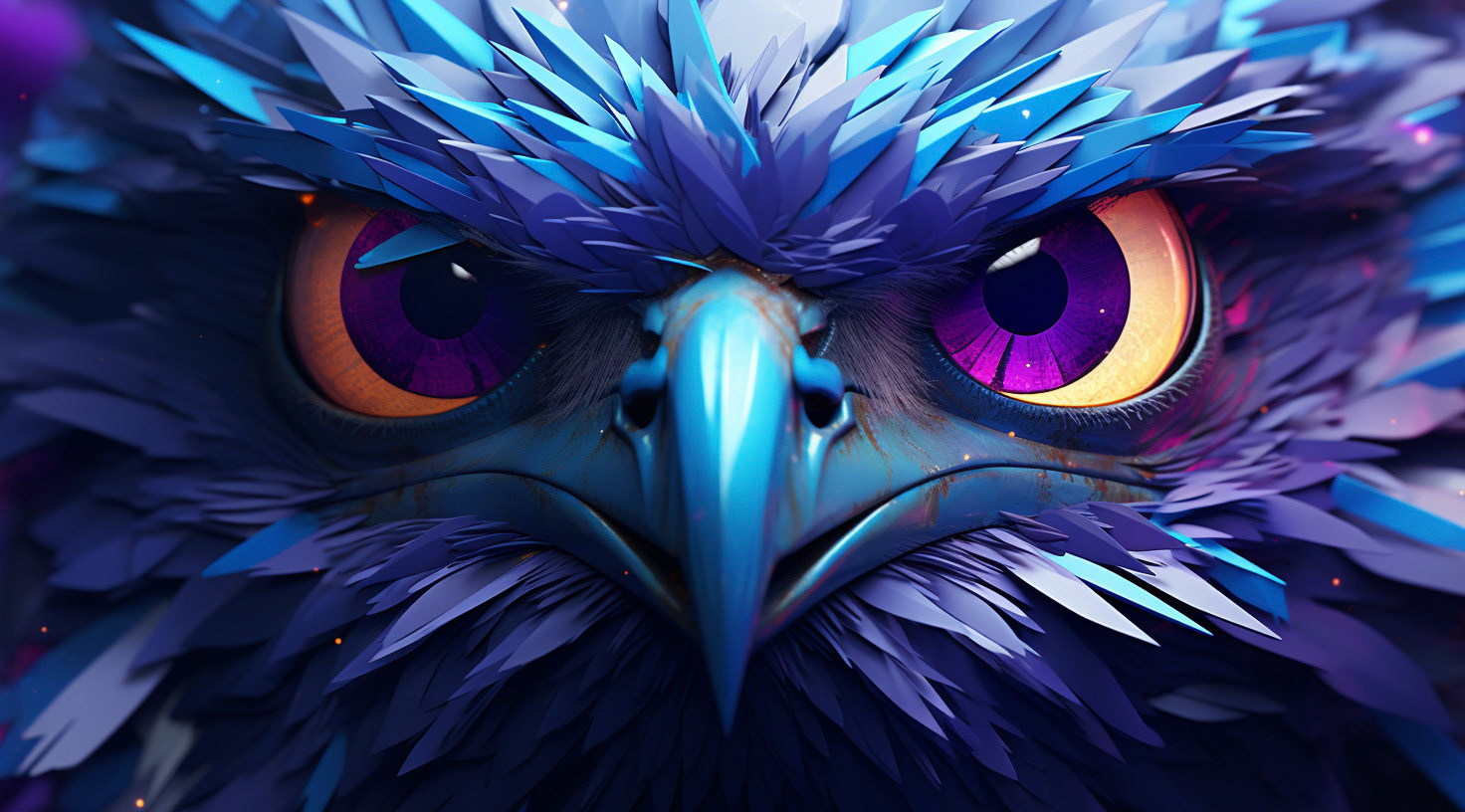 an image the eye of someone with a bird flying over it, in the style of vibrant futurism, low poly, mixes realistic and fantastical elements, violet and blue, focus on joints/connections, hyper-realistic animal illustrations, uhd image --ar 28:71 - Midjourney