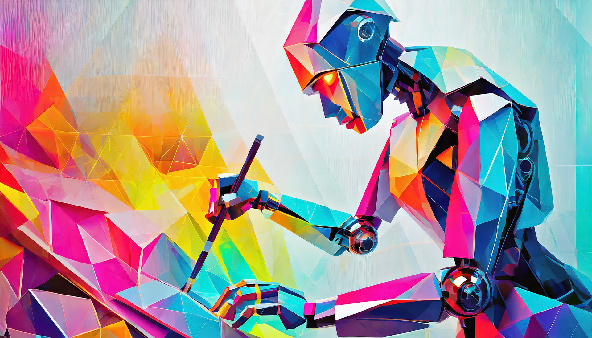 "A robot AI is creating a surreal work of art. Harmonious blend of traditional art and futuristic technology. Bright, inspiring colors and abstract shapes representing infinite creativity."