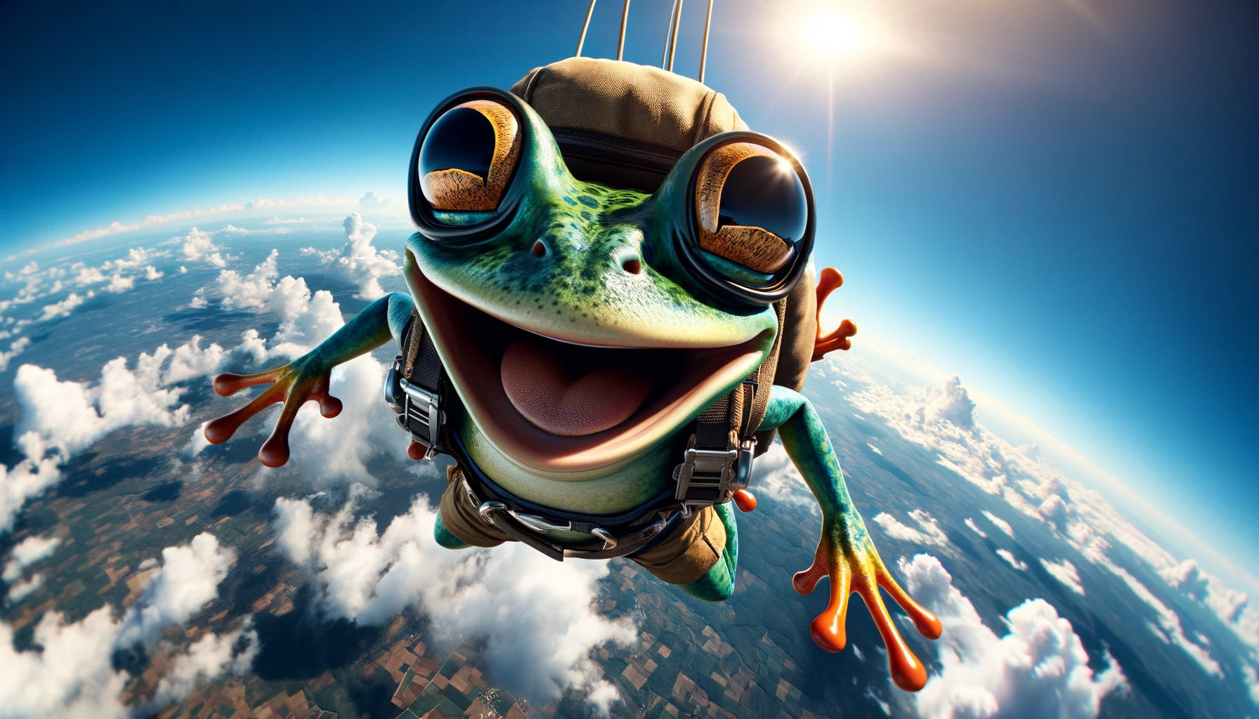 create a scene where a frog is base jumping alone and jumps down. the animal laughs broadly, has wide open eyes and carries a backpack. above him is the blue sky and below him clouds and land. it is a frog perspective photo, the animal looks down into the camera, 3d cinematic