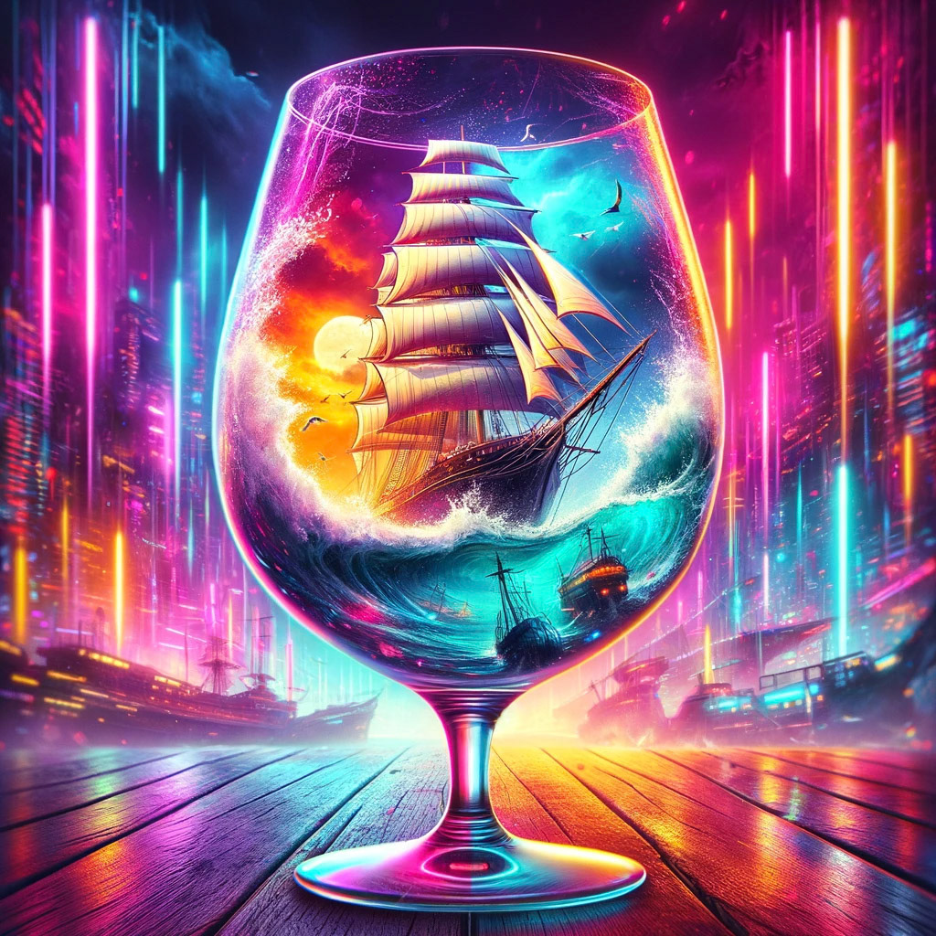 A majestic sailing ship, with its sails billowing in the wind, navigating through a turbulent storm inside a wine glass. The neon lights of a cyberpunk city in the background add a touch of futuristic fantasy to the scene.