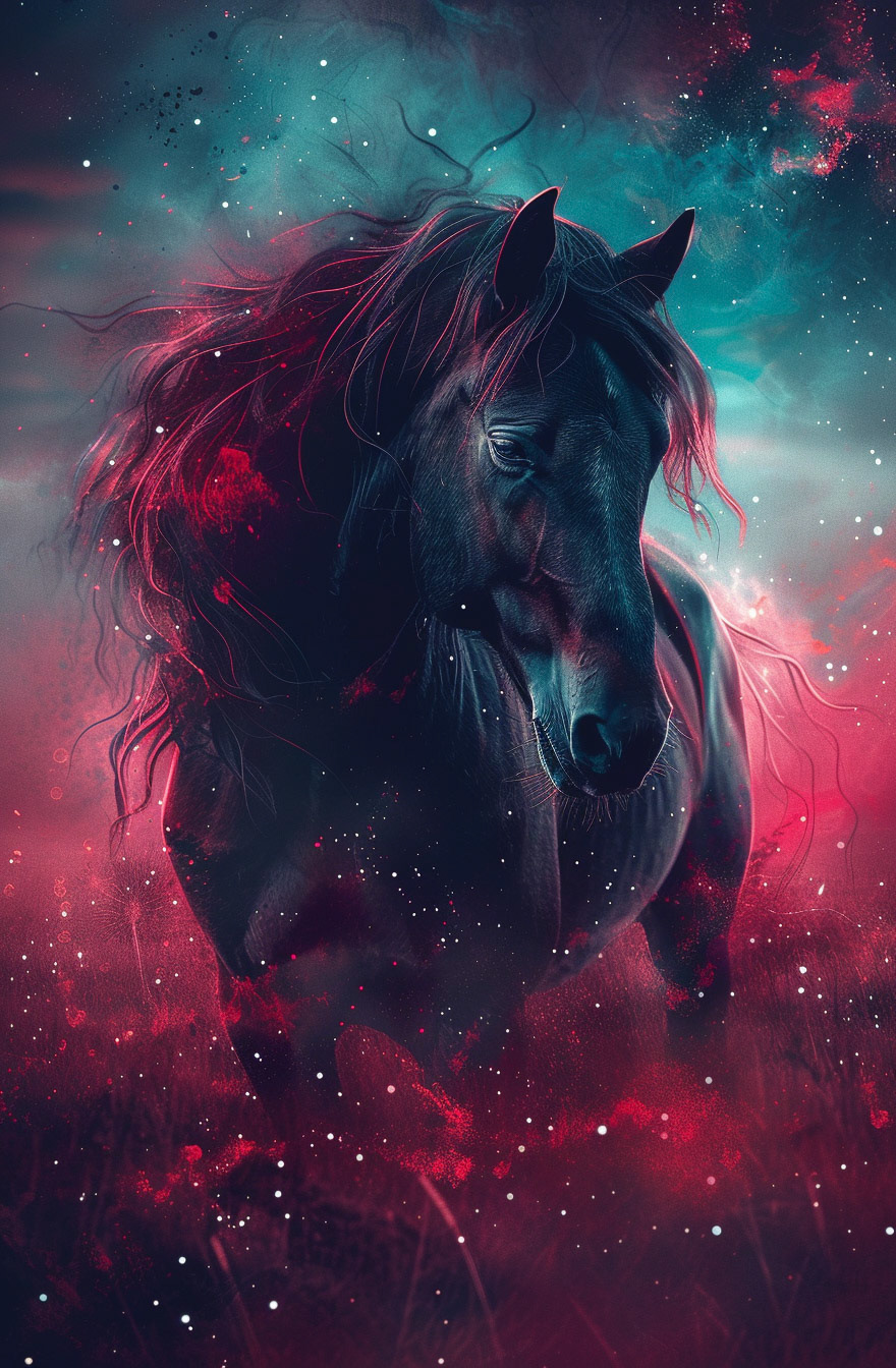 a dark horse in a field full of stars, in the style of futuristic chromatic waves, red and crimson, witchcore, graffiti-inspired animals, dragoncore, glowing colors, caninecore --ar 21:32 --v 6 - Midjourney
