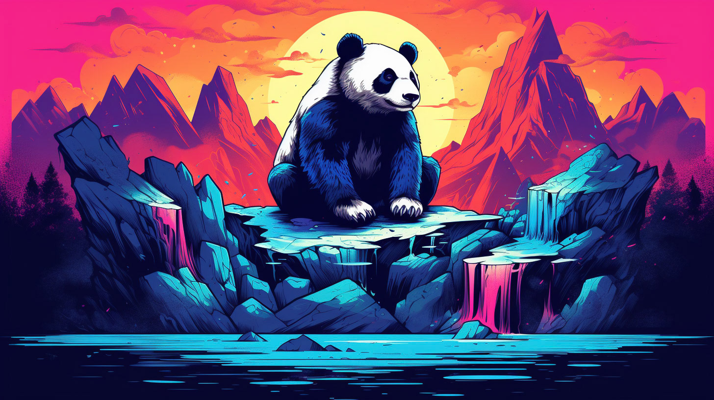 a panda bear sitting on the rocks, in the style of psychedelic illustration, vibrant color gradients, dan mumford, playful characters, realism with surrealistic elements, mushroomcore, drip painting --ar 16:9Midjourney