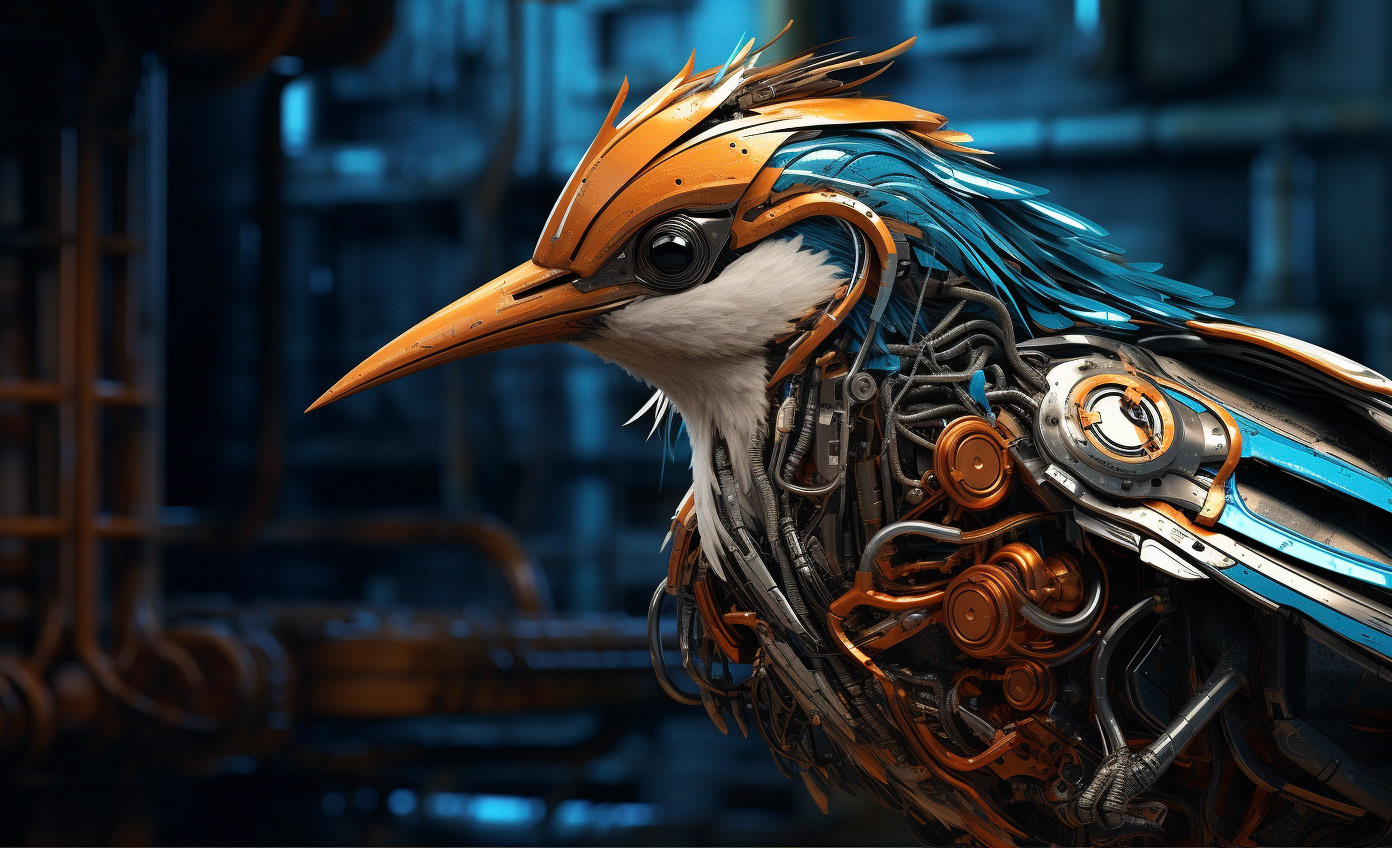 a bird with a mechanical look is drawn on this hd wallpaper, in the style of realistic hyper-detailed rendering, cybernetic, uhd image, orange and azure, highly detailed realism, industrialization, baroque sci-fi --ar 64:39 - Midjourney