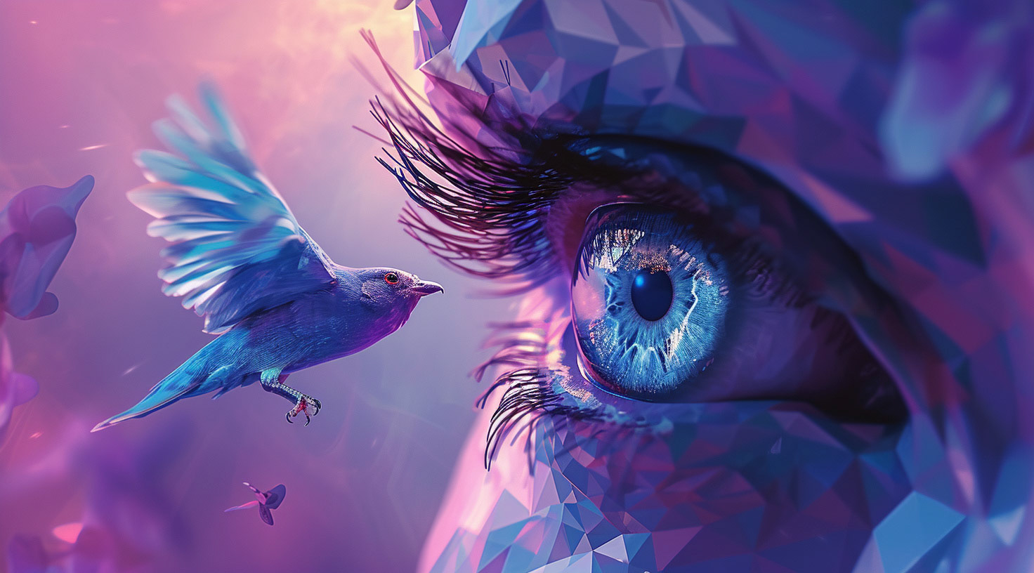 an image the eye of someone with a bird, flying in front of it, in the style of vibrant futurism, low poly, mixes realistic and fantastical elements, violet and blue, focus on joints/connections, hyper-realistic animal illustrations, uhd image --ar 128:71 --v 6- Midjourney