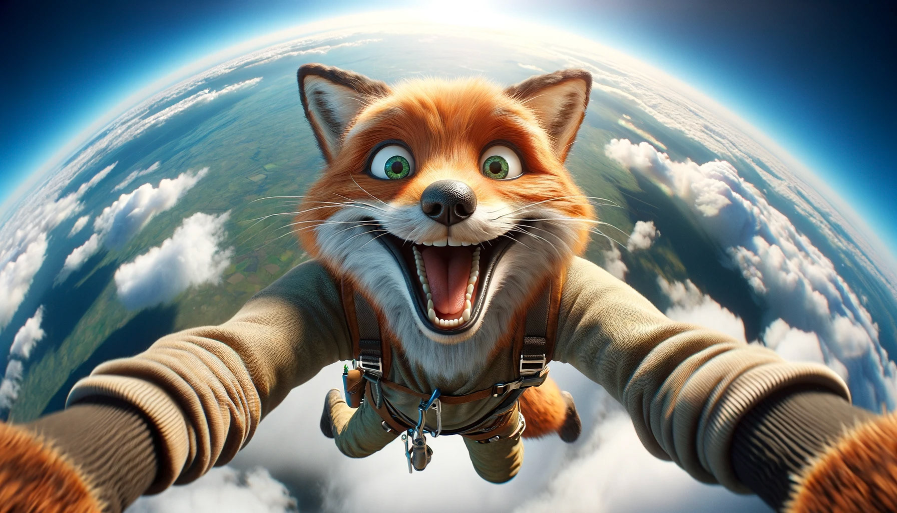 create a scene where a fox is base jumping alone and jumps down. the animal laughs broadly, has wide open eyes and carries a backpack. above him is the blue sky and below him clouds and land. it is a frog perspective photo, the animal looks down into the camera, 3d cinematic