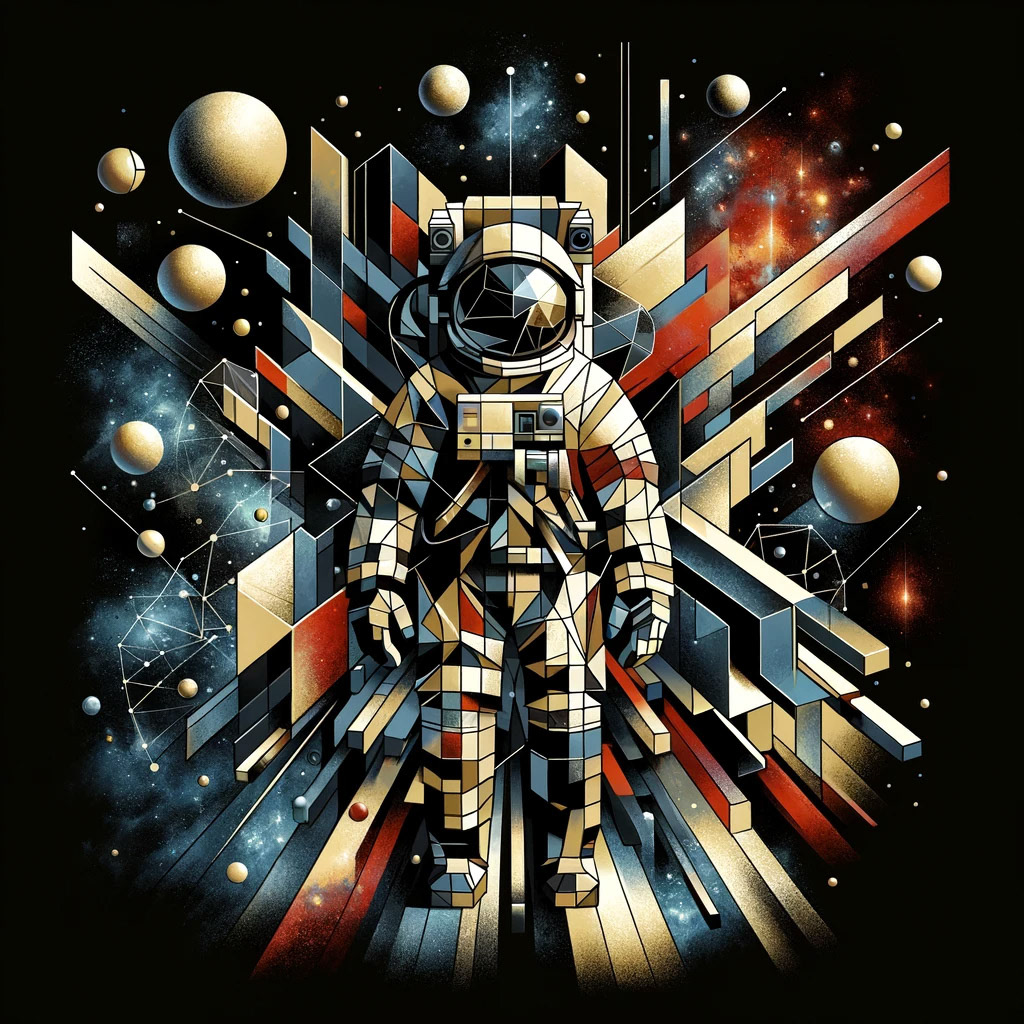 "An astronaut in cubist style, surrounded by geometric shapes representing an abstract, fragmented space station. The depiction features multiple viewpoints with angular, intersecting planes, creating a sense of dislocation. The bold color palette and floating geometric shapes add to the fragmented, surreal quality of the scene.