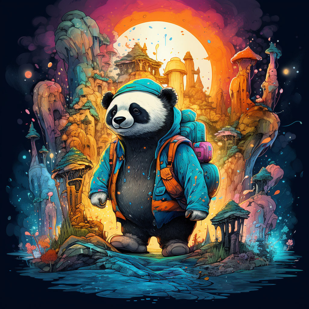 the panda bear holding a bag in watercolor, in the style of intricate psychedelic landscapes, zbrush, dark cyan and amber, luminous landscapes, inventive character designs, mushroomcore, colorful landscapesMidjourney