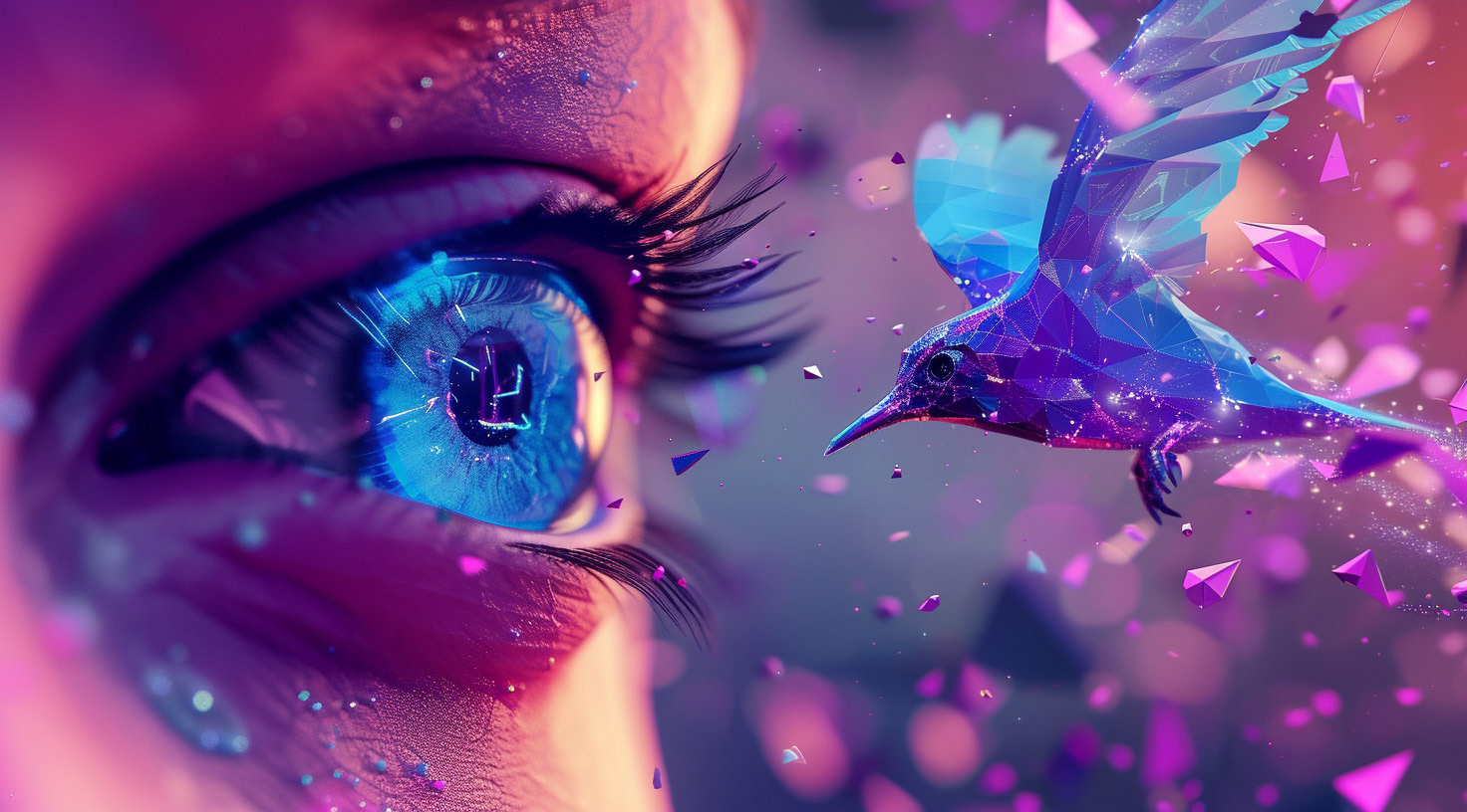 an image the eye of someone with a bird, flying in front of it, in the style of vibrant futurism, low poly, mixes realistic and fantastical elements, violet and blue, focus on joints/connections, hyper-realistic animal illustrations, uhd image --ar 128:71 --v 6- Midjourney