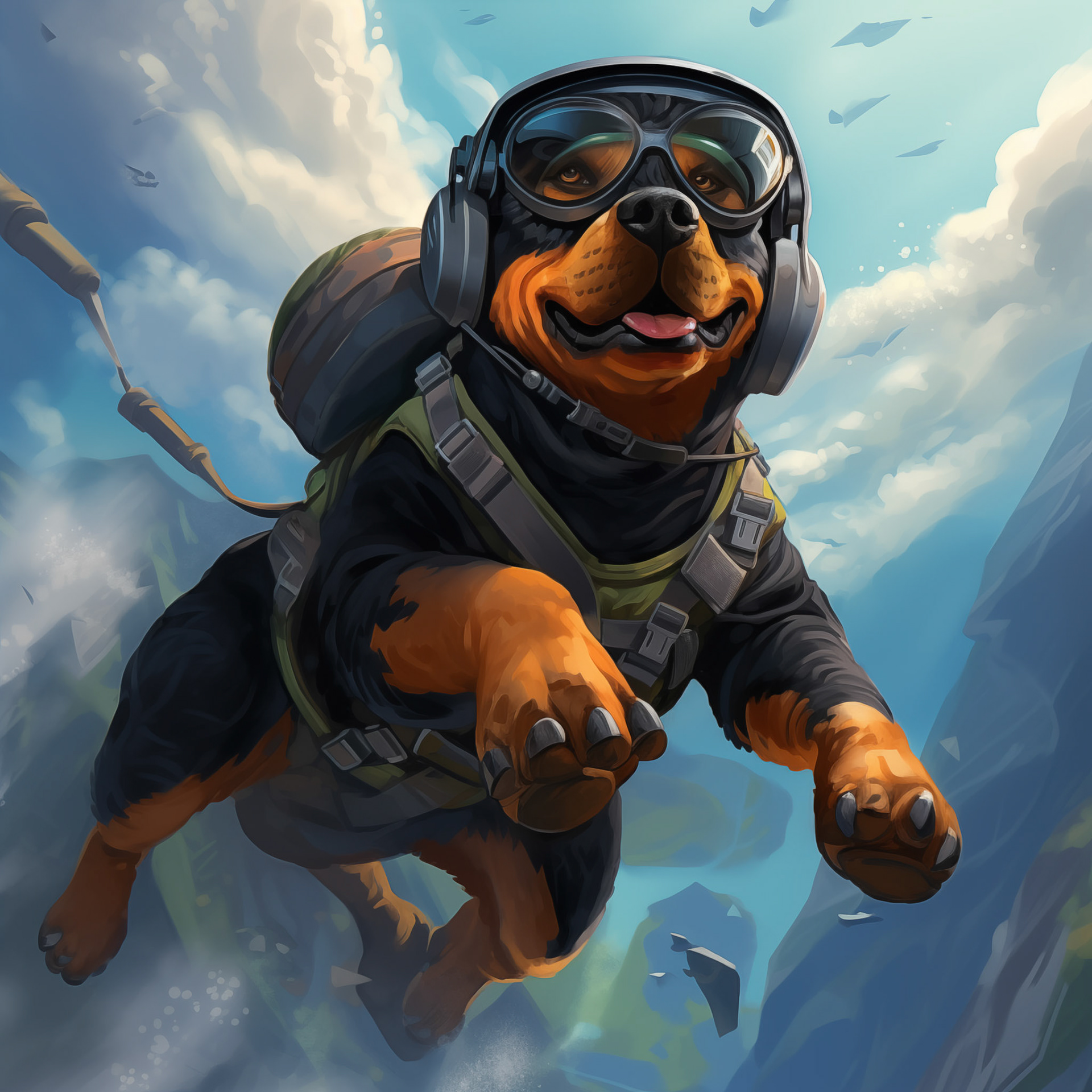 create mysterie anime scene with a rottweiler that jump into the sky as a base jumper with the equipment of a base jumper. frogperspective, pixar studio style, paint color Job