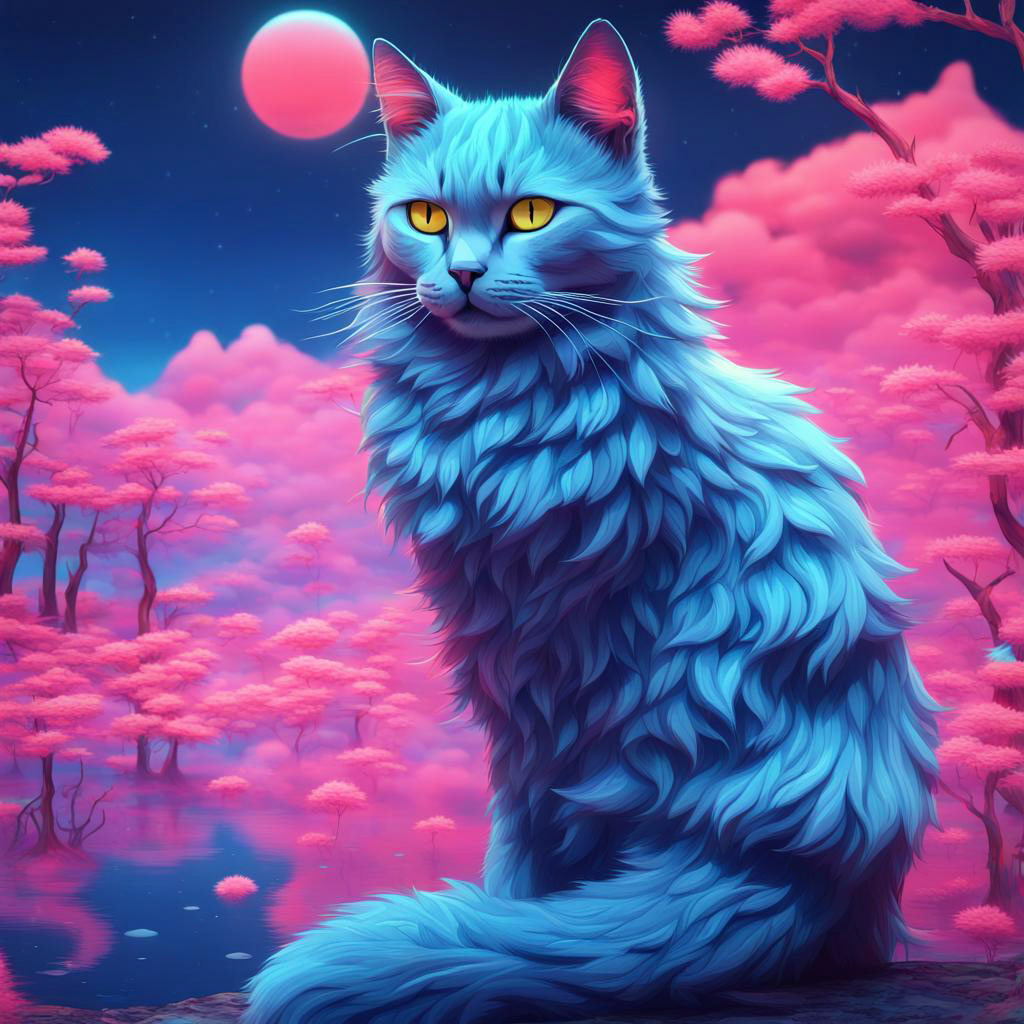 "A majestic cat with neon blue fur, standing tall in a mystical landscape with a predominant pink mood. The surreal style, inspired by ukiyo-e prints and modern anime, features vibrant pink tones in the environment, with floating elements and ethereal plants."