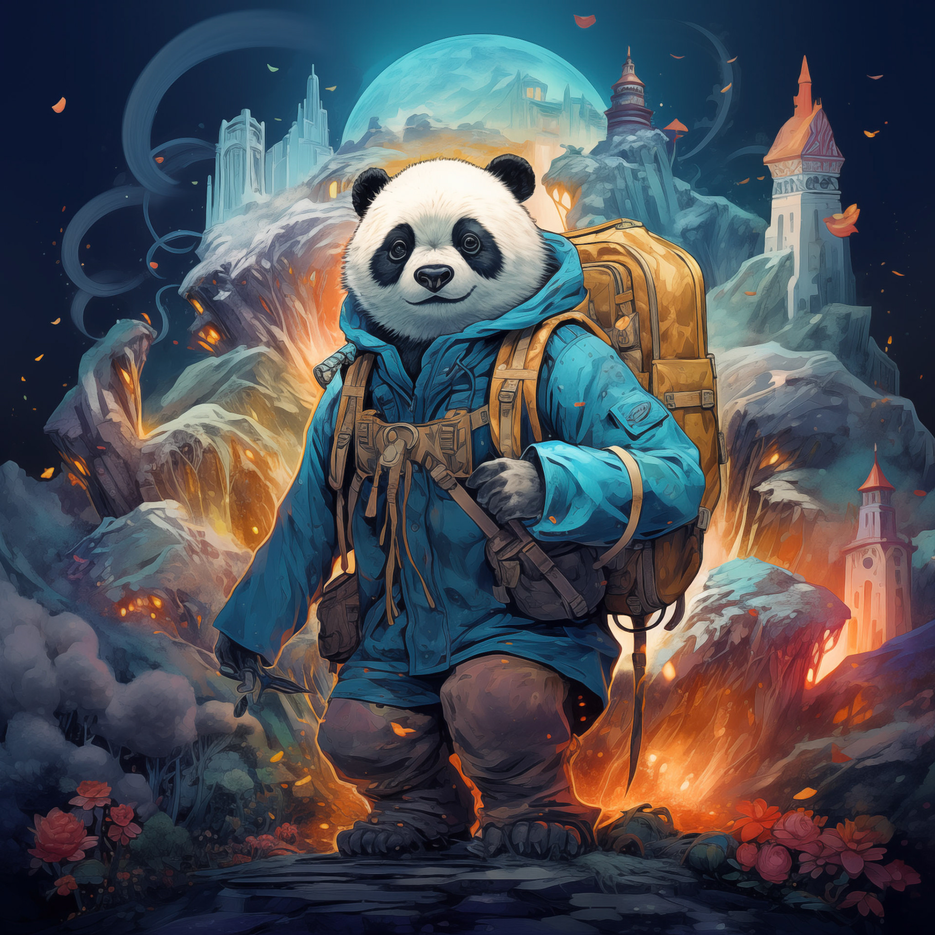 the panda bear holding a bag in watercolor, in the style of intricate psychedelic landscapes, zbrush, dark cyan and amber, luminous landscapes, inventive character designs, mushroomcore, colorful landscapesMidjourney
