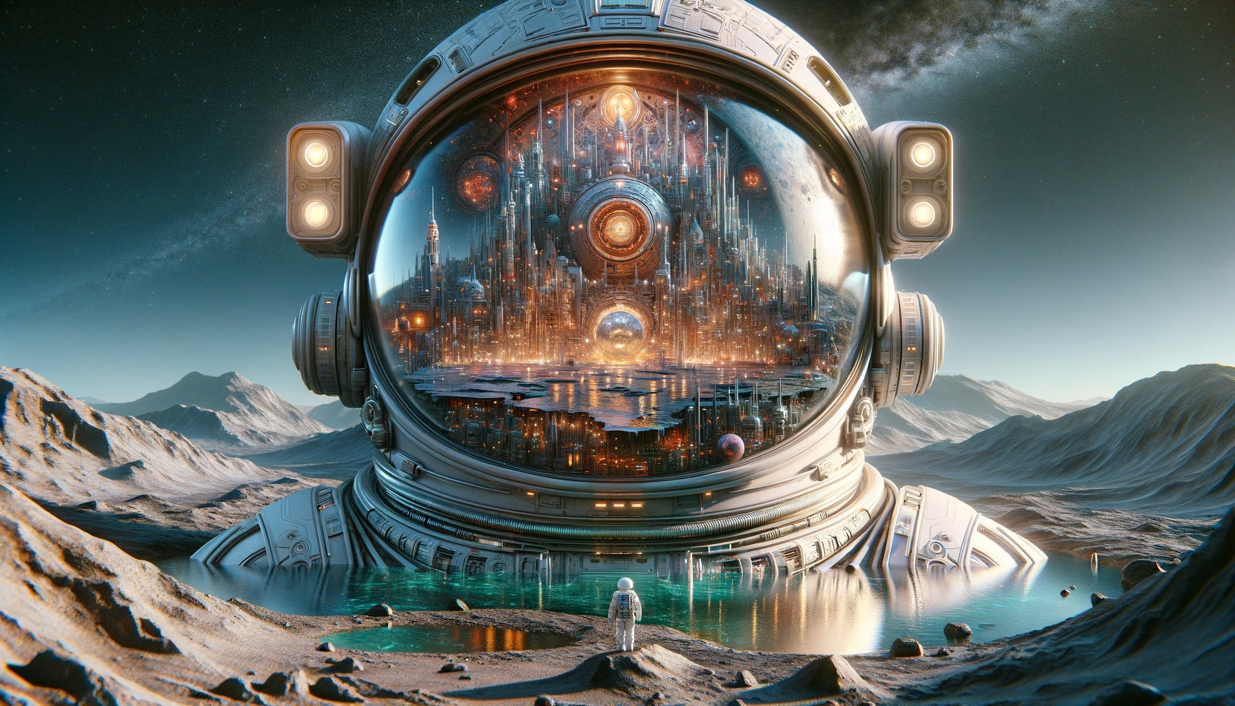 A massive astronaut helmet in the foreground, reflecting a star-studded cosmos, encases a tiny, detailed city showcasing a fascinating blend of futuristic and ancient architecture