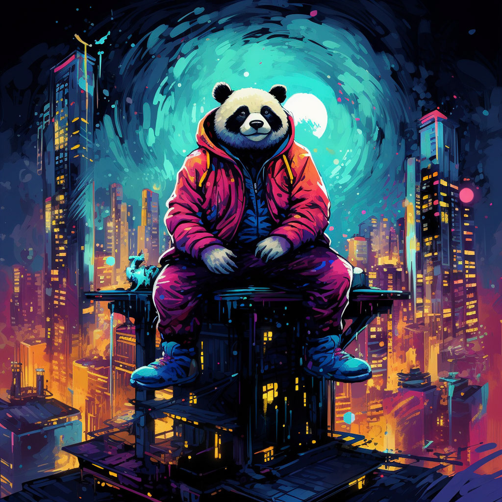 a man dressed like a panda is sitting on top of a skyscraper, in the style of dan mumford, cute and colorful, neon impressionism, rtx on, bright palette, characterized animals, fluid and loose --ar 9:16Midjourney