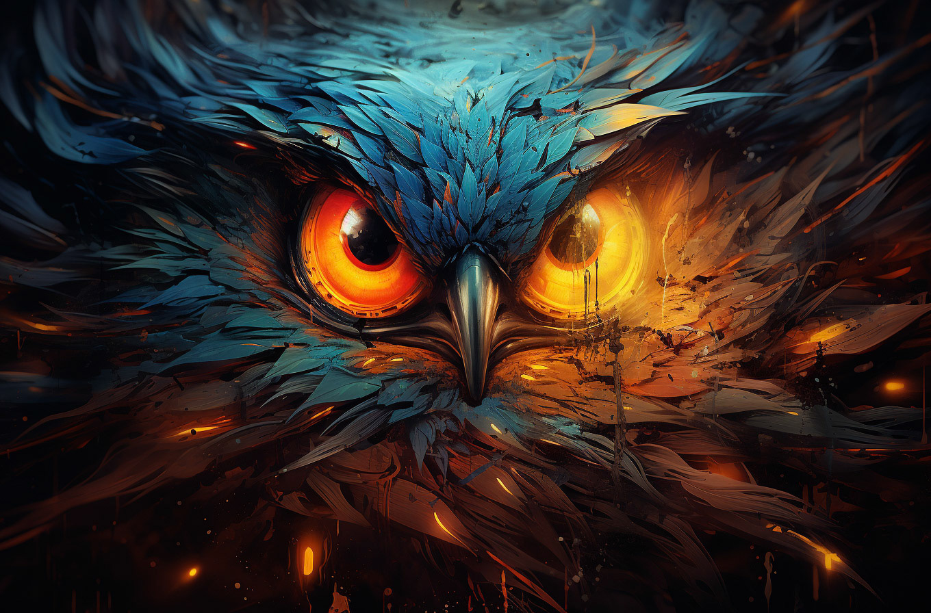 an abstract bird and eye with colorful lights, in the style of photorealistic surrealism, smokey background, dreamlike portraiture, turquoise and orange, eye-catching composition, uhd image, detailed character illustrations --ar 115:76- Midjourney
