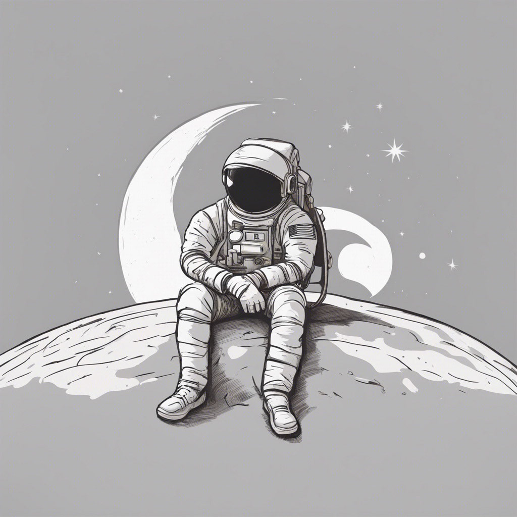 "A minimalist drawn astronaut sitting on the edge of a simple moon, against the backdrop of a single, glowing star. The focus is on clean lines and a limited color palette, emphasizing the isolation and serenity of space. The astronaut appears relaxed, conveying a sense of calm and contemplation."