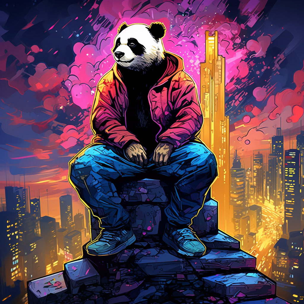 a man dressed like a panda is sitting on top of a skyscraper, in the style of dan mumford, cute and colorful, neon impressionism, rtx on, bright palette, characterized animals, fluid and loose --ar 9:16