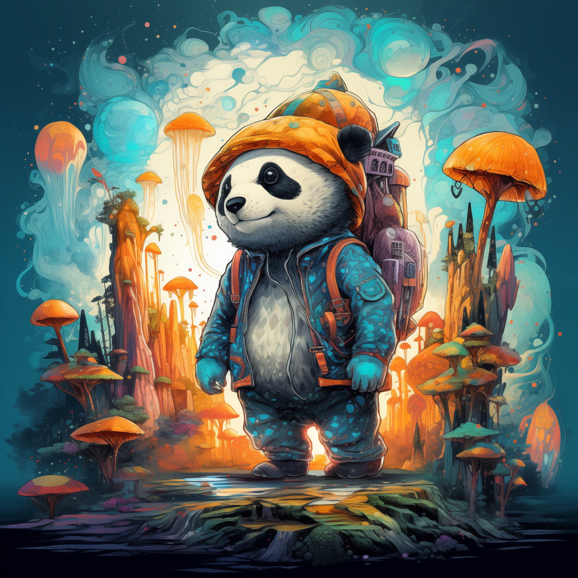 the panda bear holding a bag in watercolor, in the style of intricate psychedelic landscapes, zbrush, dark cyan and amber, luminous landscapes, inventive character designs, mushroomcore, colorful landscapesMidjourney