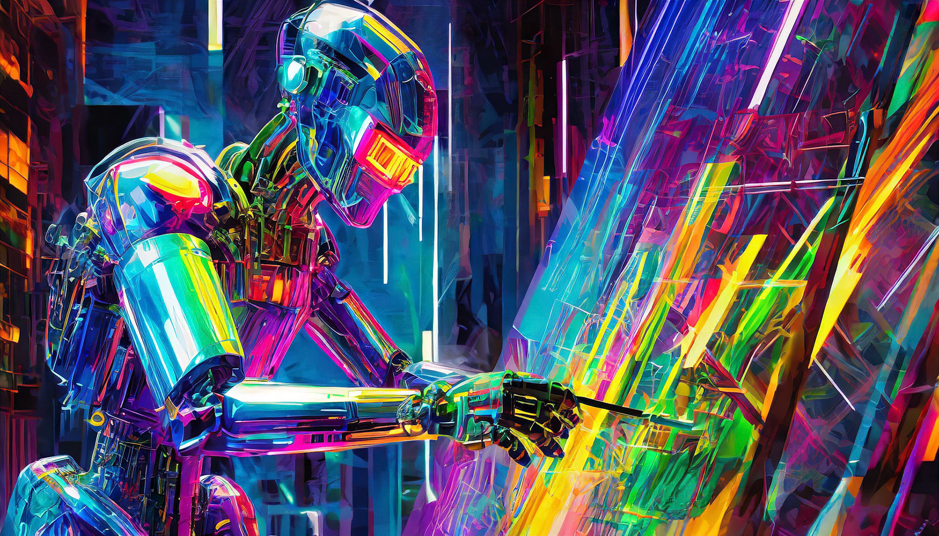 "A robot AI is creating a surreal work of art. Harmonious blend of traditional art and futuristic technology. Bright, inspiring colors and abstract shapes representing infinite creativity."