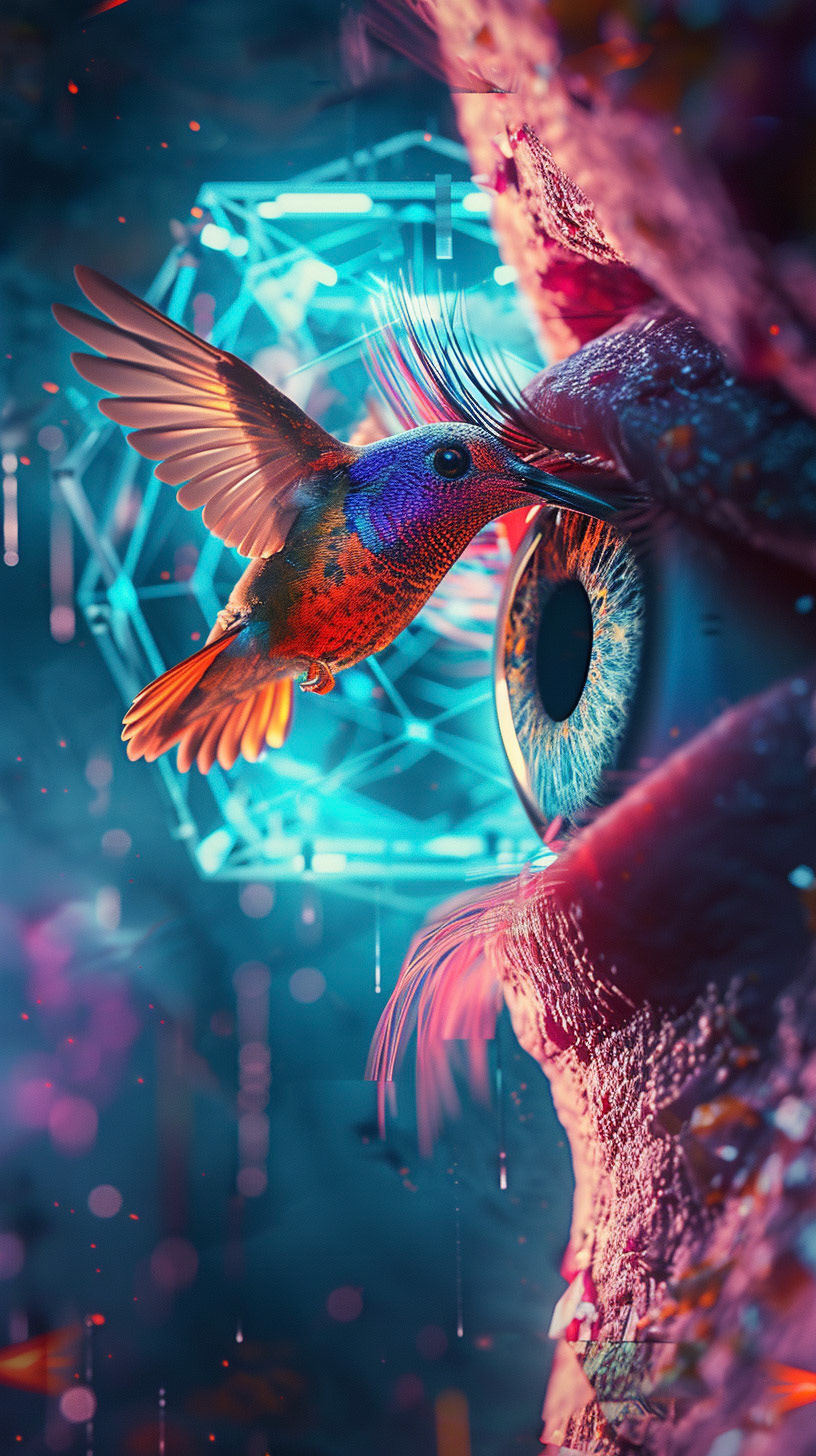 A geodesic structure in the shape of a human eye, with a bird taking flight from the pupil. The scene is vibrant and dynamic, with a touch of the extraordinary. Rendered in a vivid, imaginative style. --ar 9:16 --v 6- Midjourney