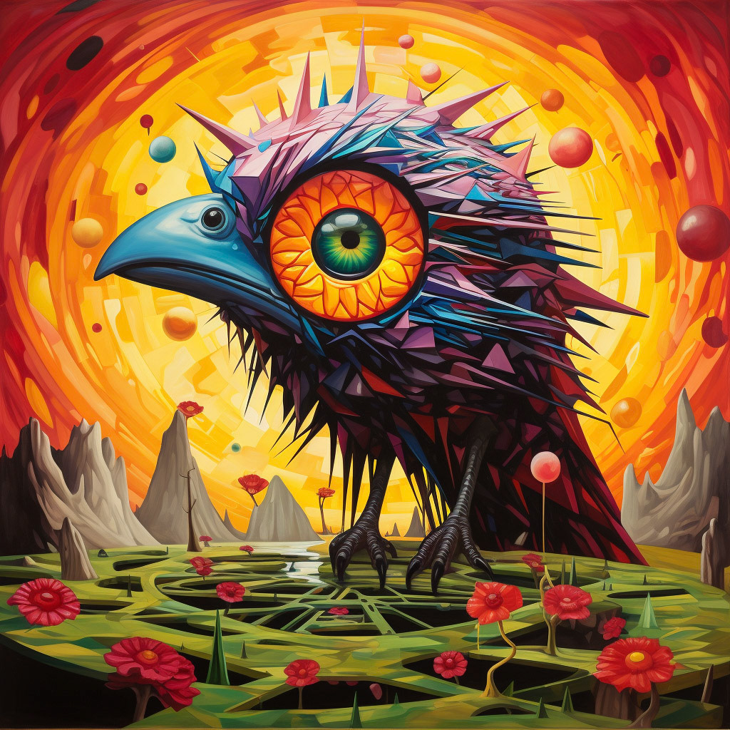A geodesic structure in the shape of a human eye, with a bird, taking flight in front of the pupil. The scene is vibrant and dynamic, with a touch of the extraordinary. Rendered in a vivid, imaginative style. - Midjourney