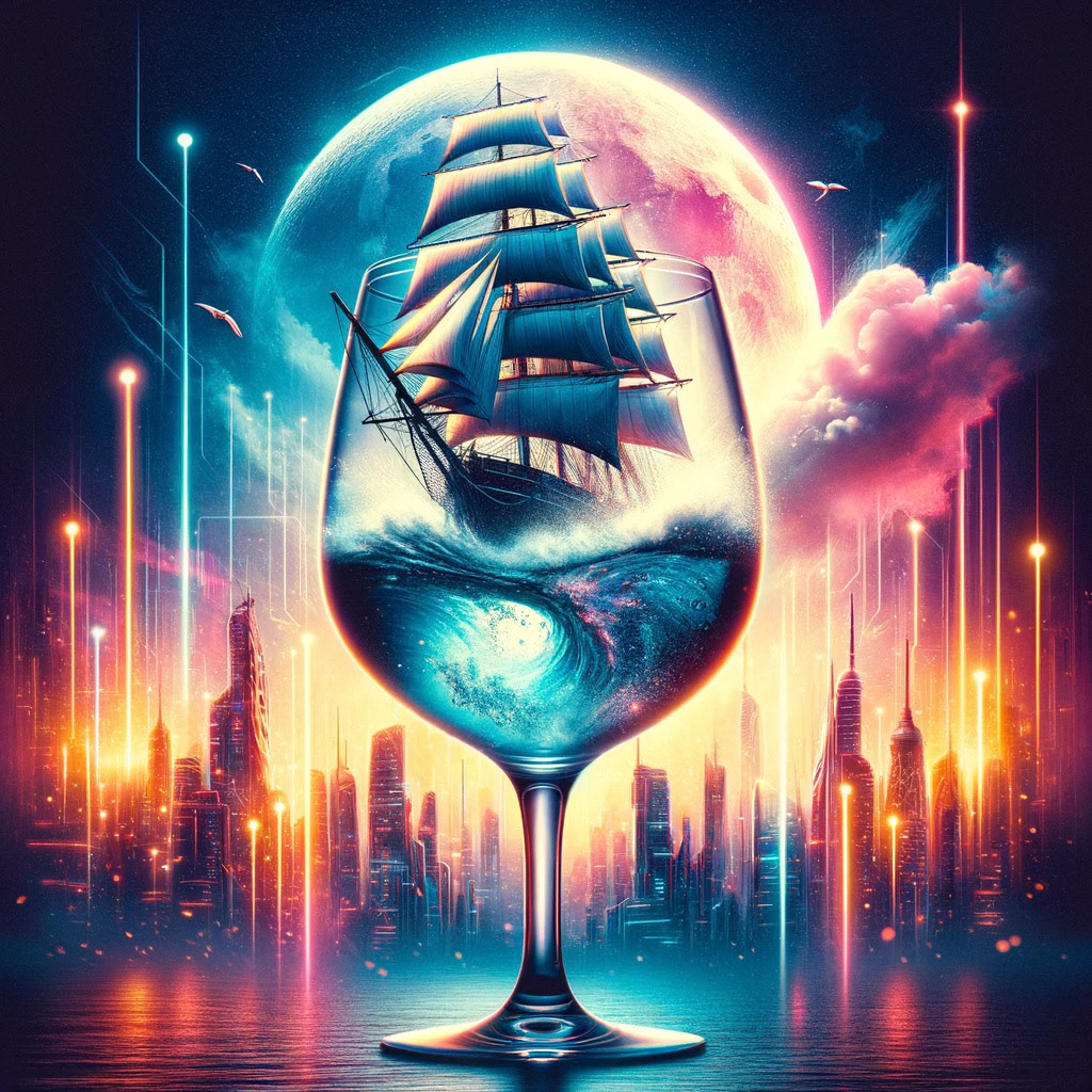 A majestic sailing ship, with its sails billowing in the wind, navigating through a turbulent storm inside a wine glass. The neon lights of a cyberpunk city in the background add a touch of futuristic fantasy to the scene.