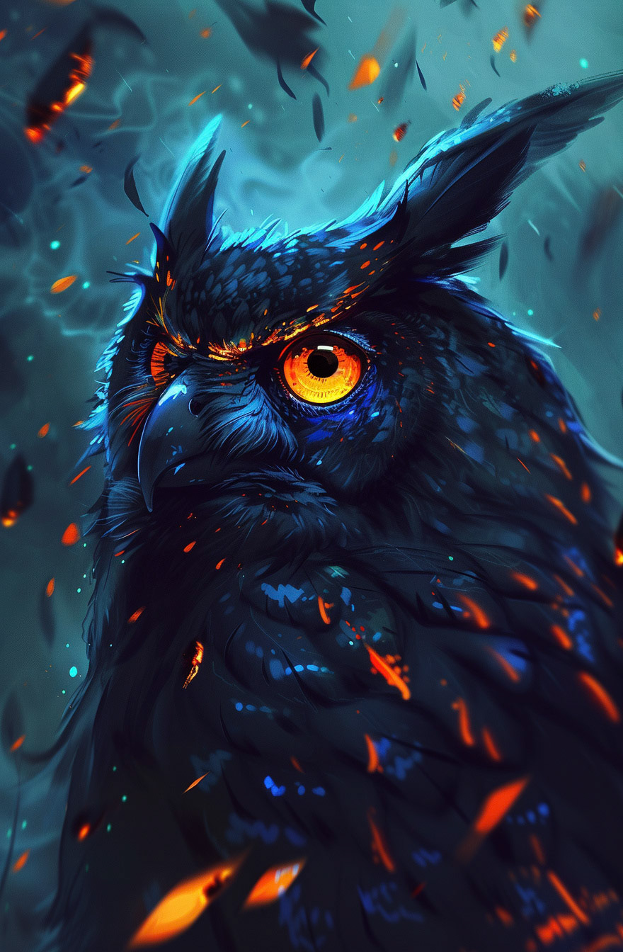 an old drawing of a black colored owl with orange eyes and blue eyes, in the style of cyril rolando, explosive wildlife, uhd image, aleksi briclot, dark and chaotic, neo-mosaic, emotional intensity --ar 21:32 --v 6 - Midjourney