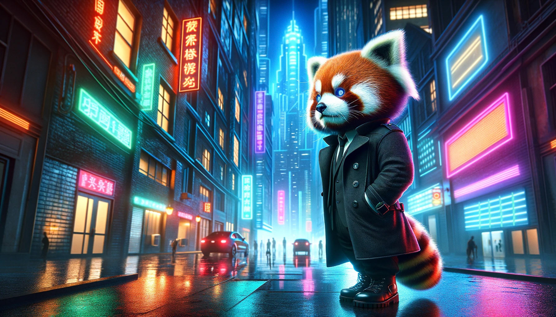 A red panda dressed as a detective, wandering the neon-lit streets of a futuristic city. The scene blends elements of noir with cyberpunk aesthetics, featuring reflective rain-soaked pavements and towering holograms. Created Using: neon glow, cyberpunk cityscape, noir-inspired detective attire, reflective surfaces, nighttime ambiance, vibrant color contrasts, dynamic urban environment, playful character in a serious setting --ar 16:9Dall-E