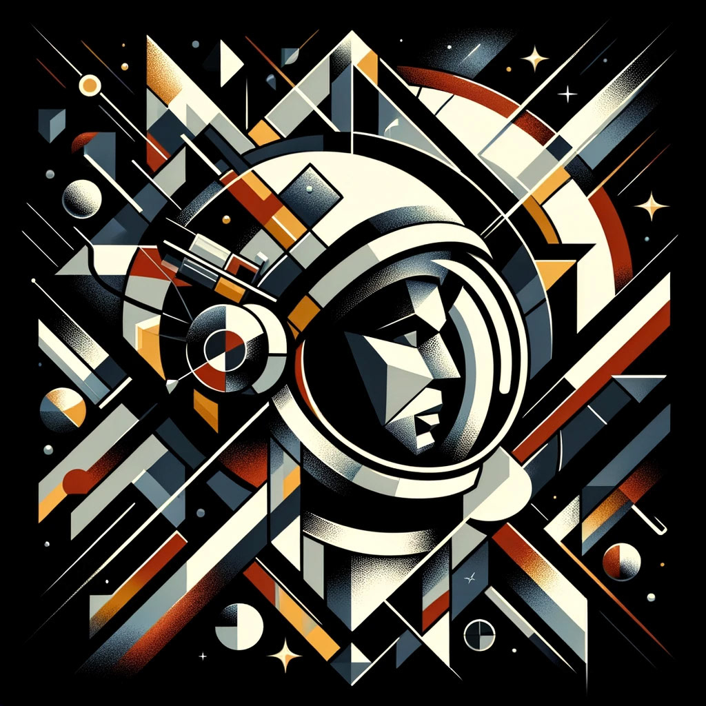 "An astronaut in cubist style, surrounded by geometric shapes representing an abstract, fragmented space station. The depiction features multiple viewpoints with angular, intersecting planes, creating a sense of dislocation. The bold color palette and floating geometric shapes add to the fragmented, surreal quality of the scene.