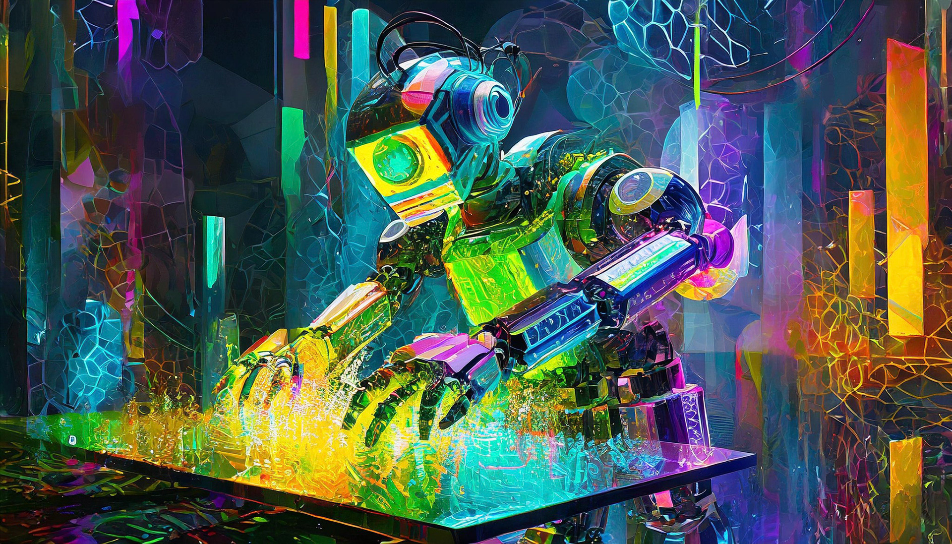 "A robot AI is creating a surreal work of art. Harmonious blend of traditional art and futuristic technology. Bright, inspiring colors and abstract shapes representing infinite creativity."