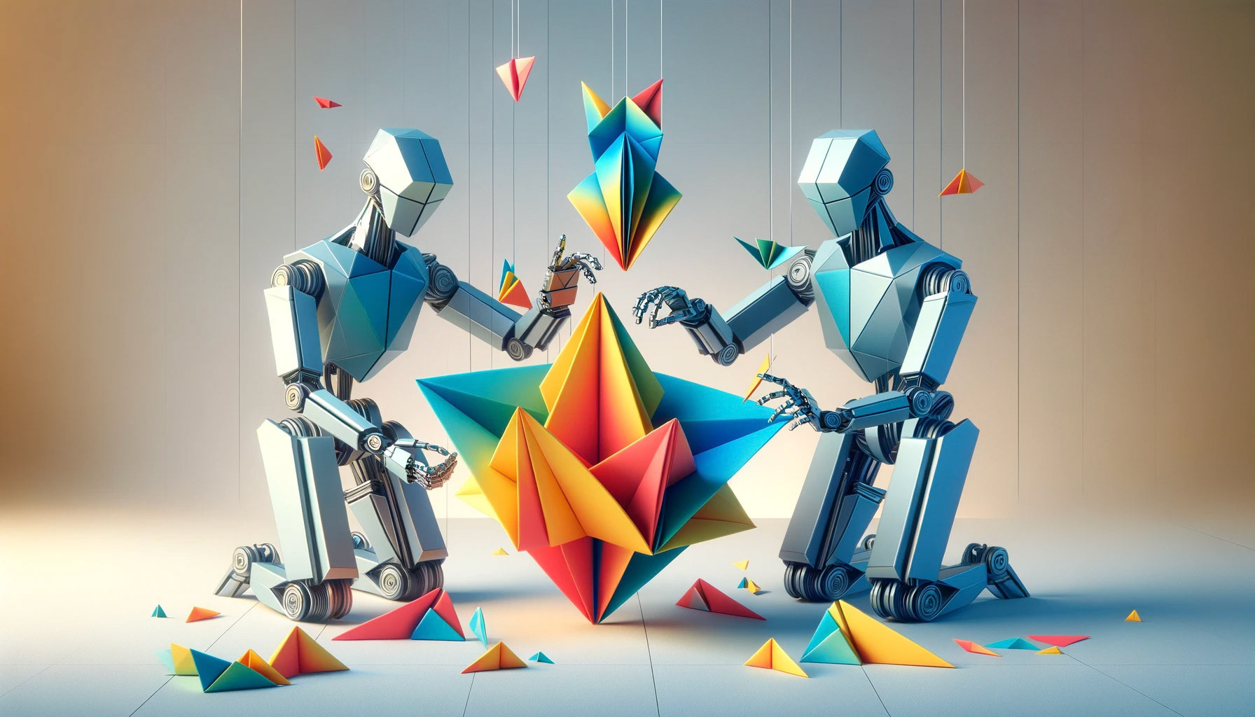 "Create a surreal scene where robots are crafting art, with a strong emphasis on origami aesthetics. The robots themselves have a faceted, geometric appearance as if they are made of folded paper, with sharp edges and planes that reflect light in various angles. The colors are vibrant but with the distinct crispness and angularity of origami. The background is minimalist, with paper-like textures and subtle creases, enhancing the origami theme. The entire composition combines the clean lines of paper art with the complexity of robotic design."