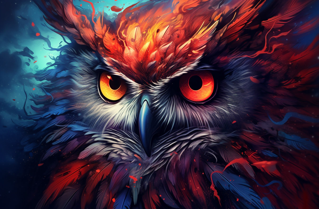 blue, orange and red abstract illustration of an owl that has a large open eye, in the style of caras ionut, speedpainting, 2d game art, oleg shuplyak, realistic lighting, liam wong, 32k uhd - Midjourney